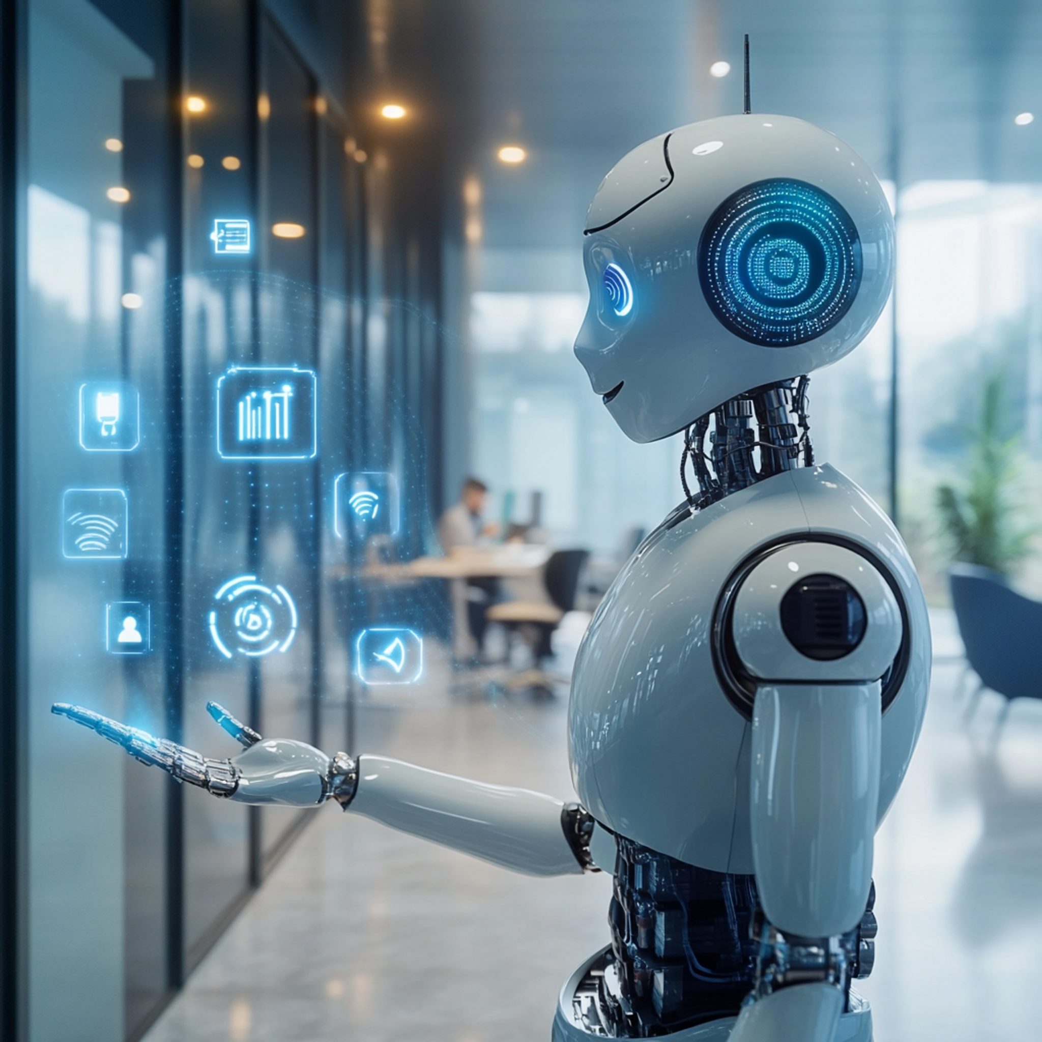 A friendly humanoid robot having a natural conversation with a person in a bright, modern office setting, with visible voice waveforms and chat bubbles between them, surrounded by floating AI and NLP icons, warm lighting with soft blues and whites, realistic and welcoming atmosphere