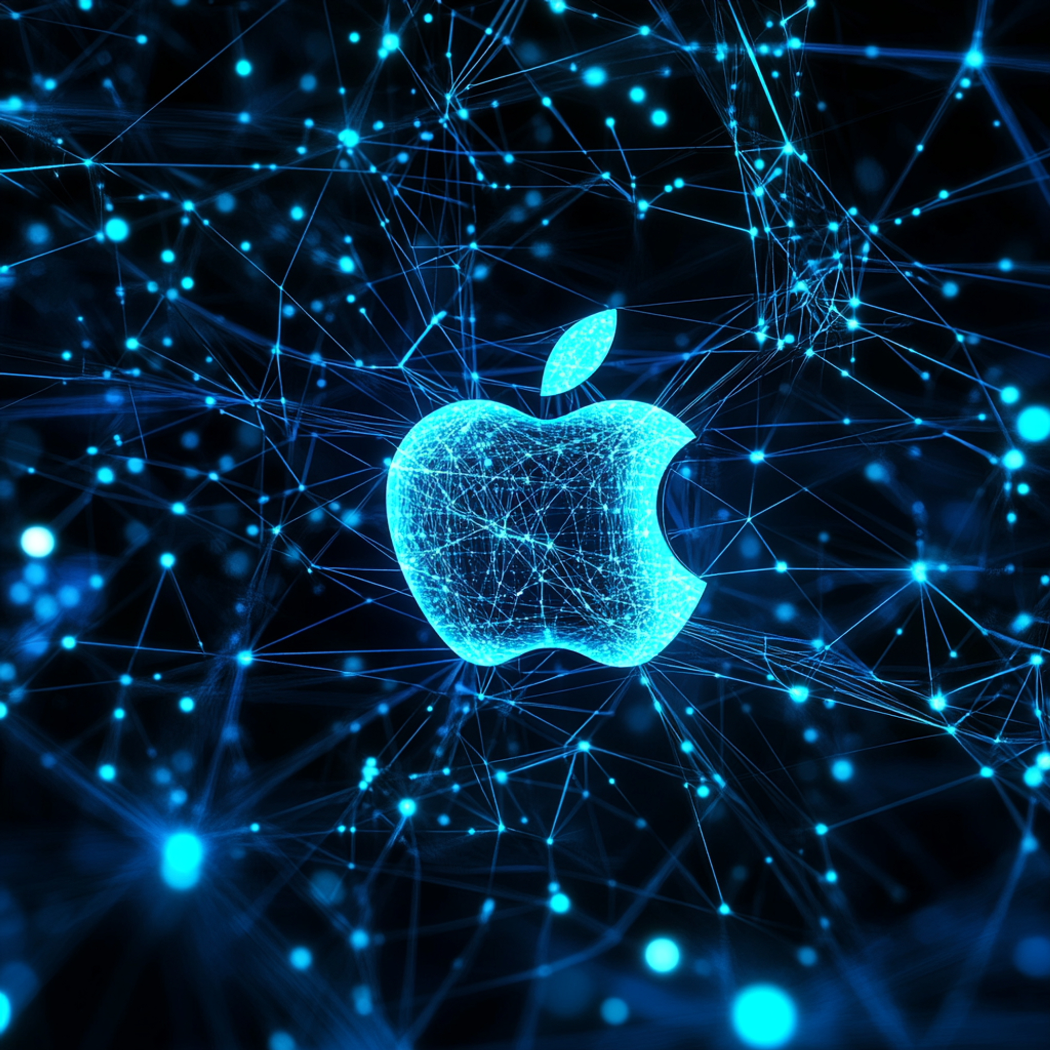 A complex network visualization showing Apple App Store algorithm connections, with the Apple logo prominently displayed in the center, traditional ASO elements fading away and new engagement metrics glowing brightly around it, featuring Apple's distinctive design language and App Store blue color scheme, modern data visualization style