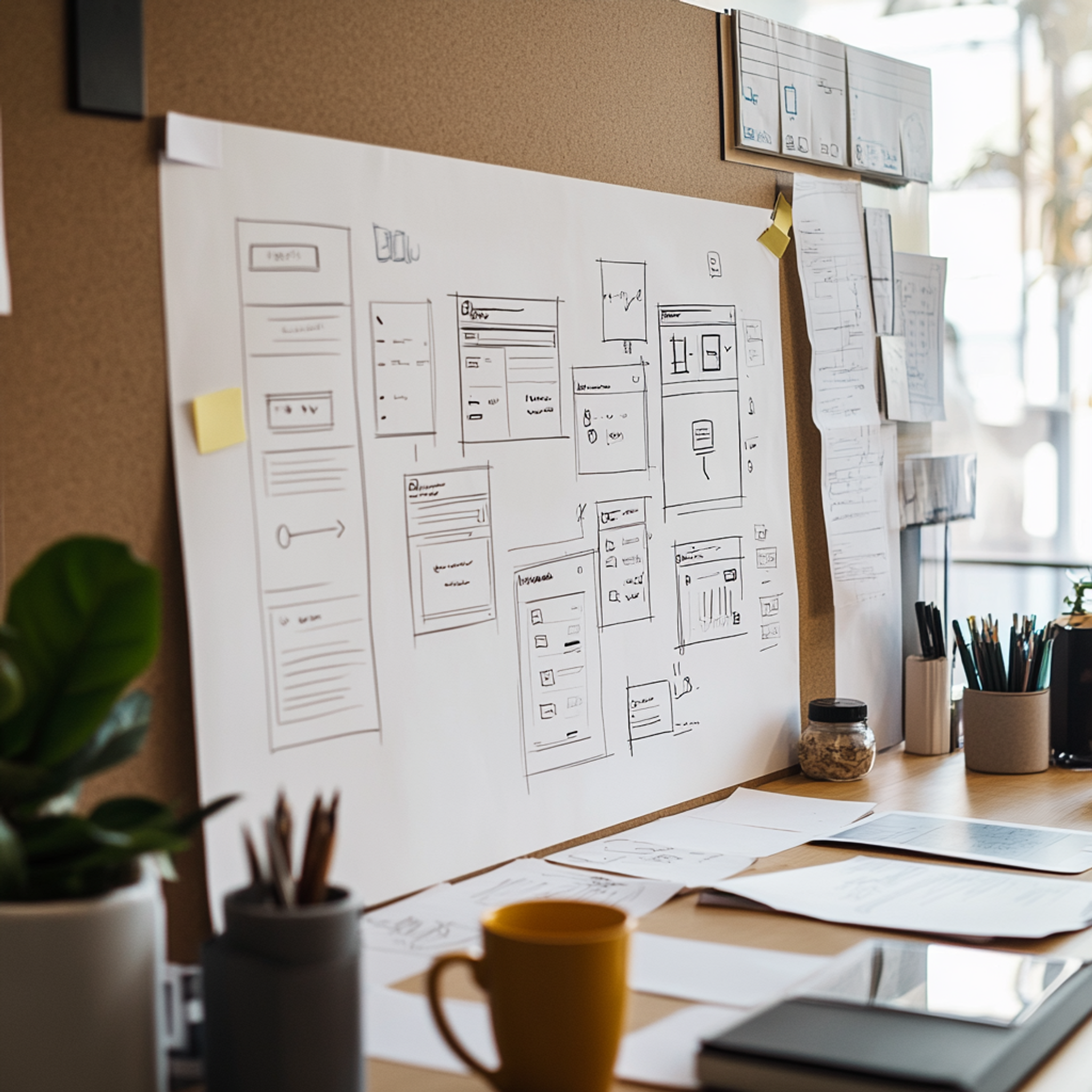 A clean whiteboard showing UI wireframes and interface layouts for a fintech app, with design elements like buttons, forms, and navigation menus sketched out, surrounded by design tools and coffee cups, bright creative workspace
