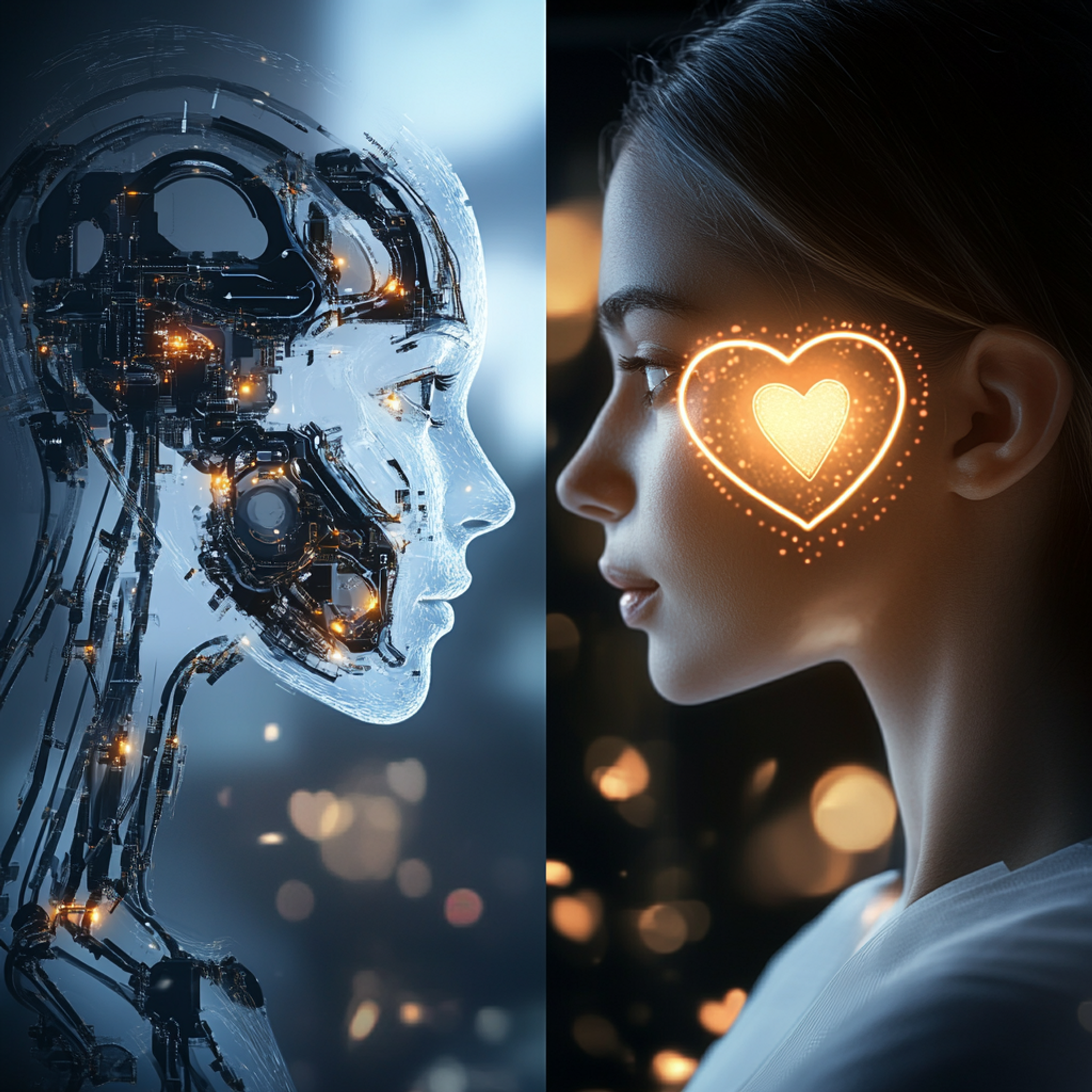 A split image showing a robotic interface transforming into a warm, empathetic human-like interaction, with emotional indicators like heart symbols, empathy waves, and sentiment analysis graphics