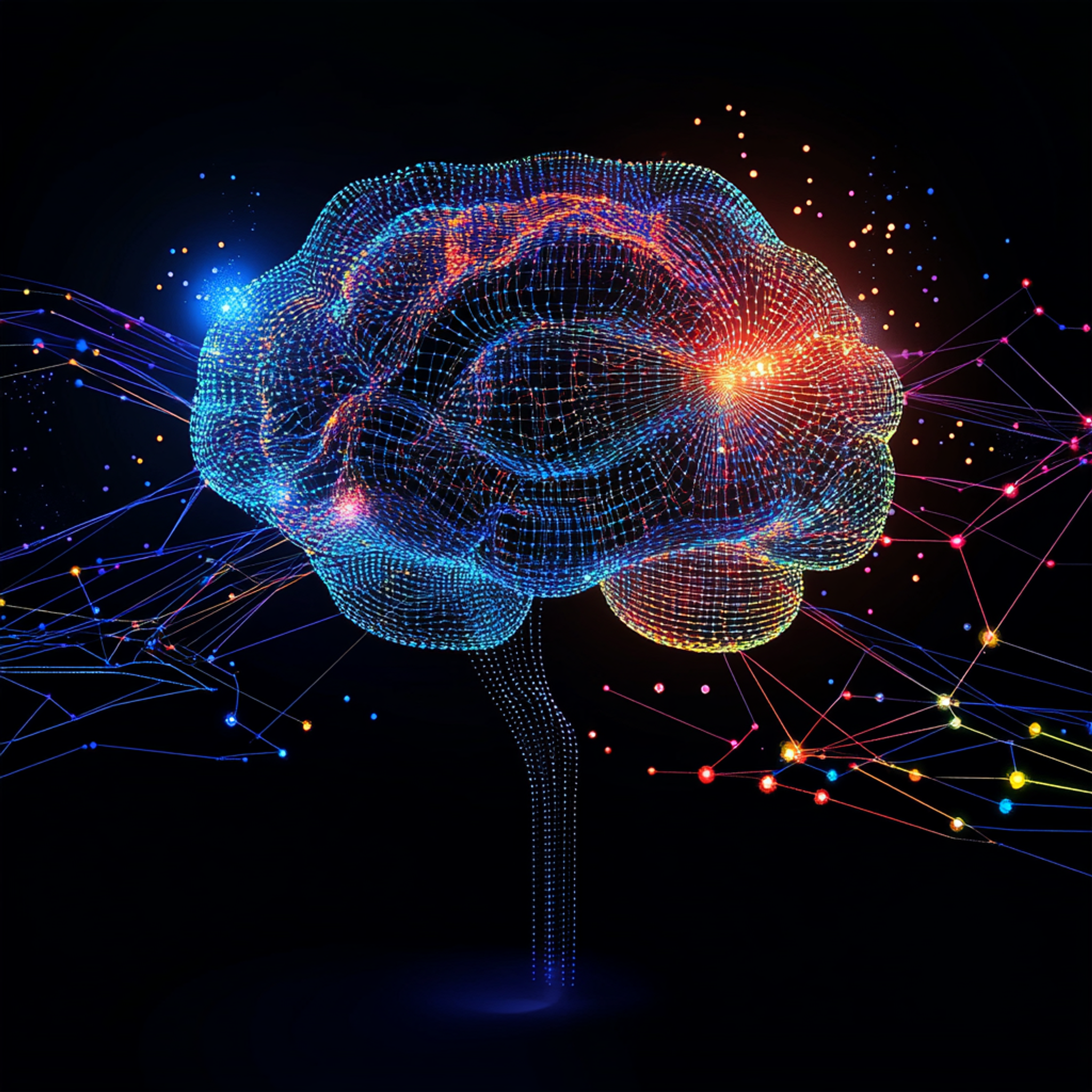 A digital brain or neural network processing human speech, with text analysis, sentiment detection, and language understanding elements visualized as flowing data streams and interconnected nodes