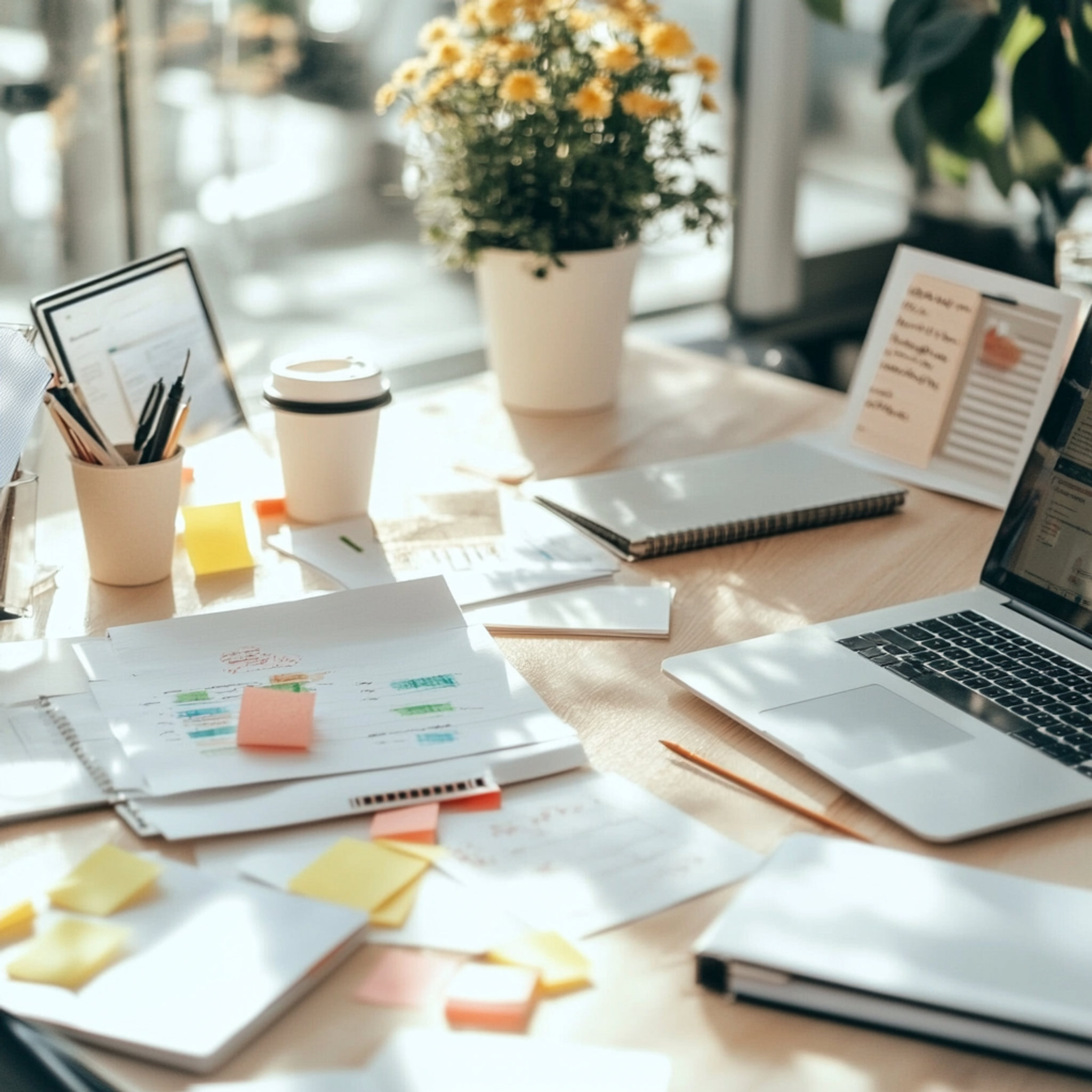 A modern office desk with laptops, coffee cups, notebooks, and sticky notes scattered around, showing people collaborating on user research and market analysis, bright natural lighting, professional workspace aesthetic