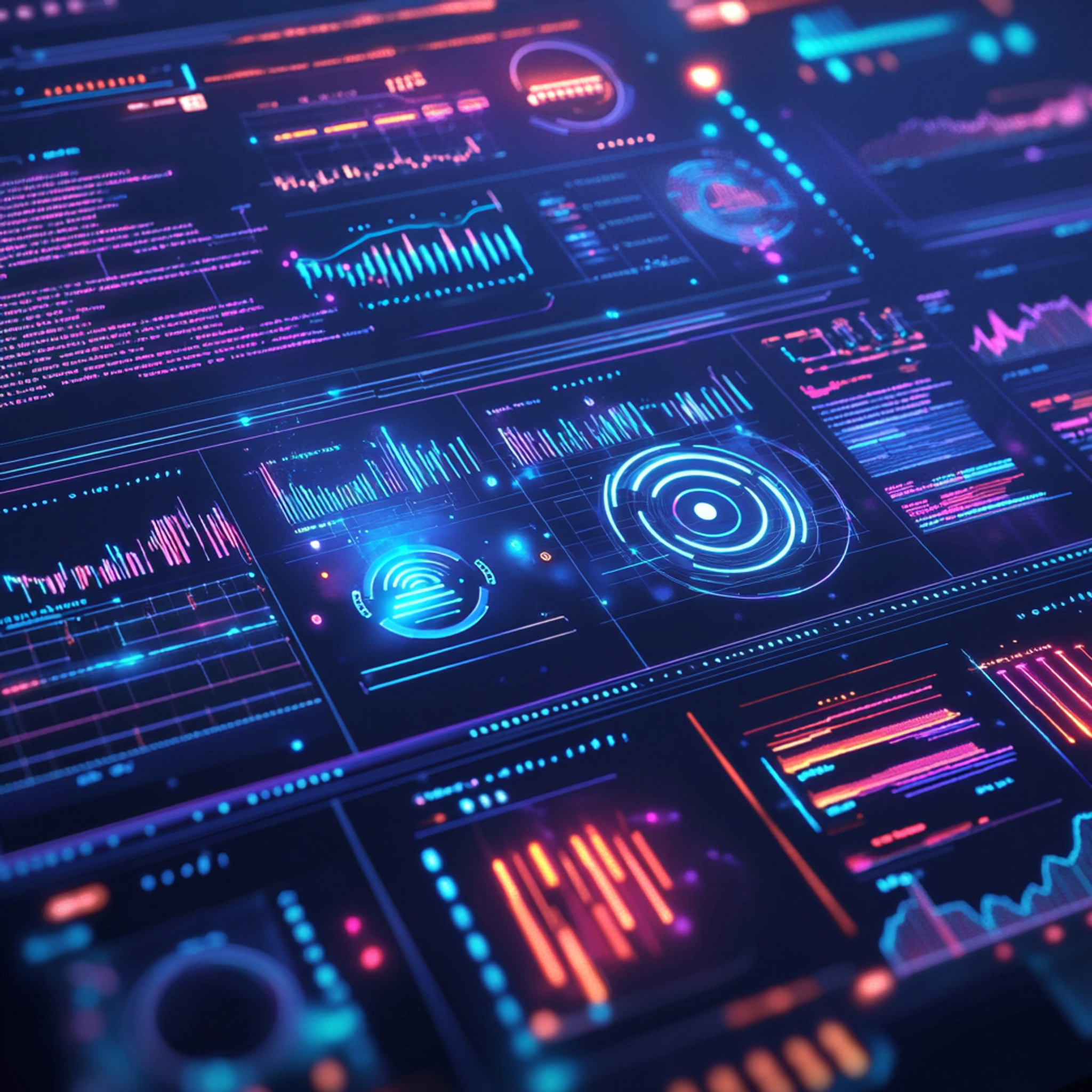 A futuristic digital dashboard showing AI processing elements, voice recognition waves, NLP algorithms, and connected devices, with holographic interface elements and data streams