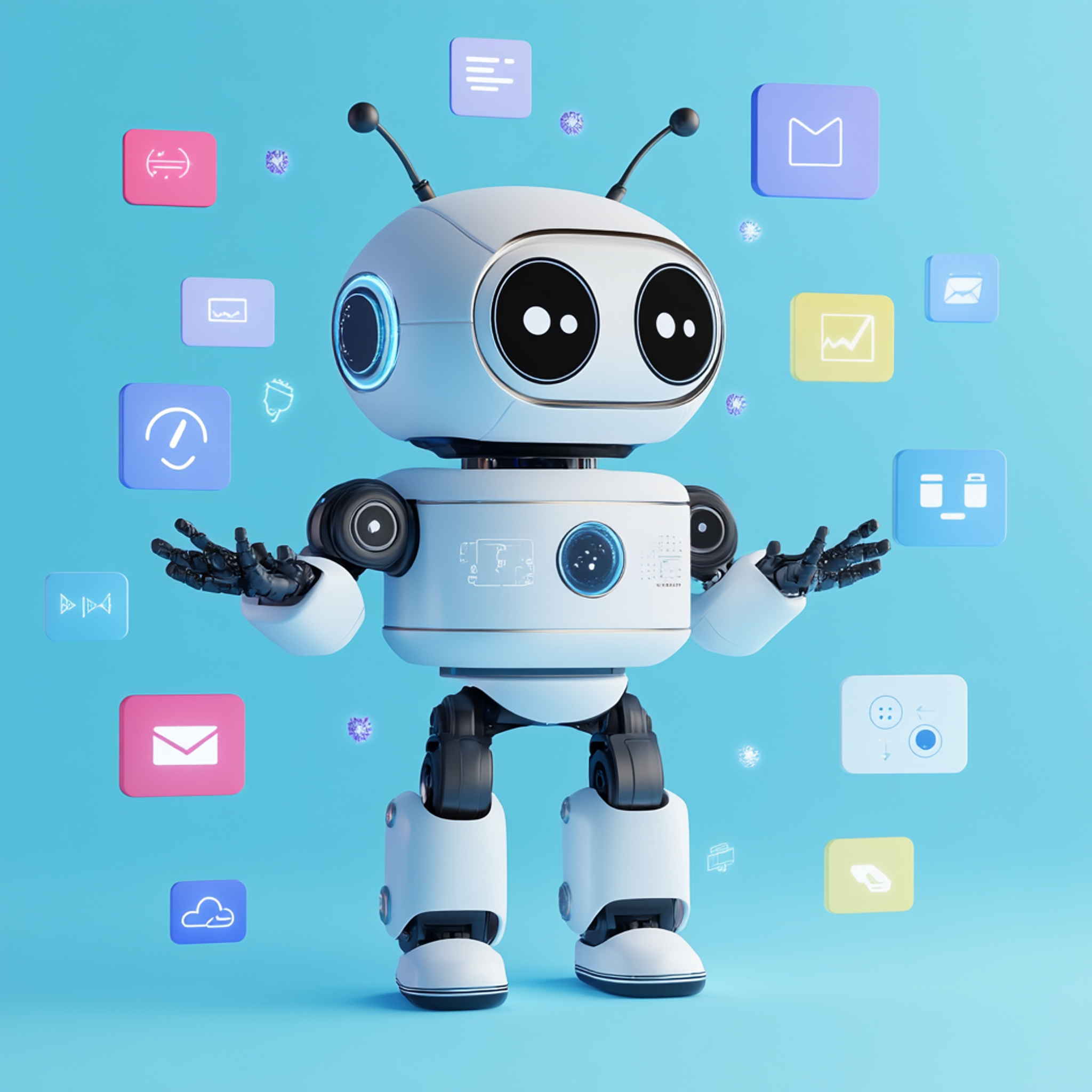 A friendly robot character with chat bubbles showing different types of conversations (customer service, shopping, scheduling), surrounded by mobile app interface elements