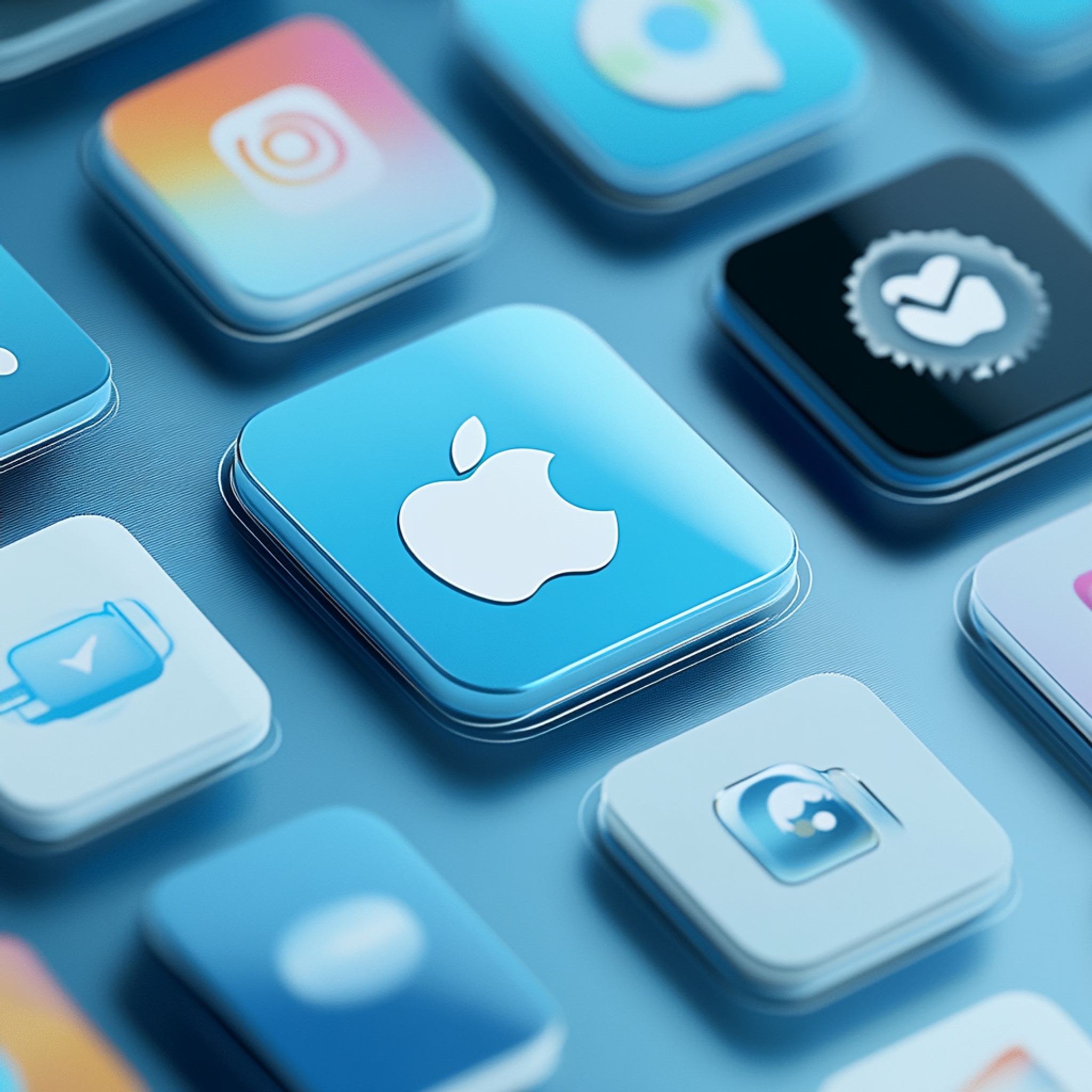 The Apple App Store interface on a large screen with app icons floating upward in ranking order, featuring the distinctive App Store blue gradient background, download charts, and search rankings visualization, with the Apple logo subtly integrated