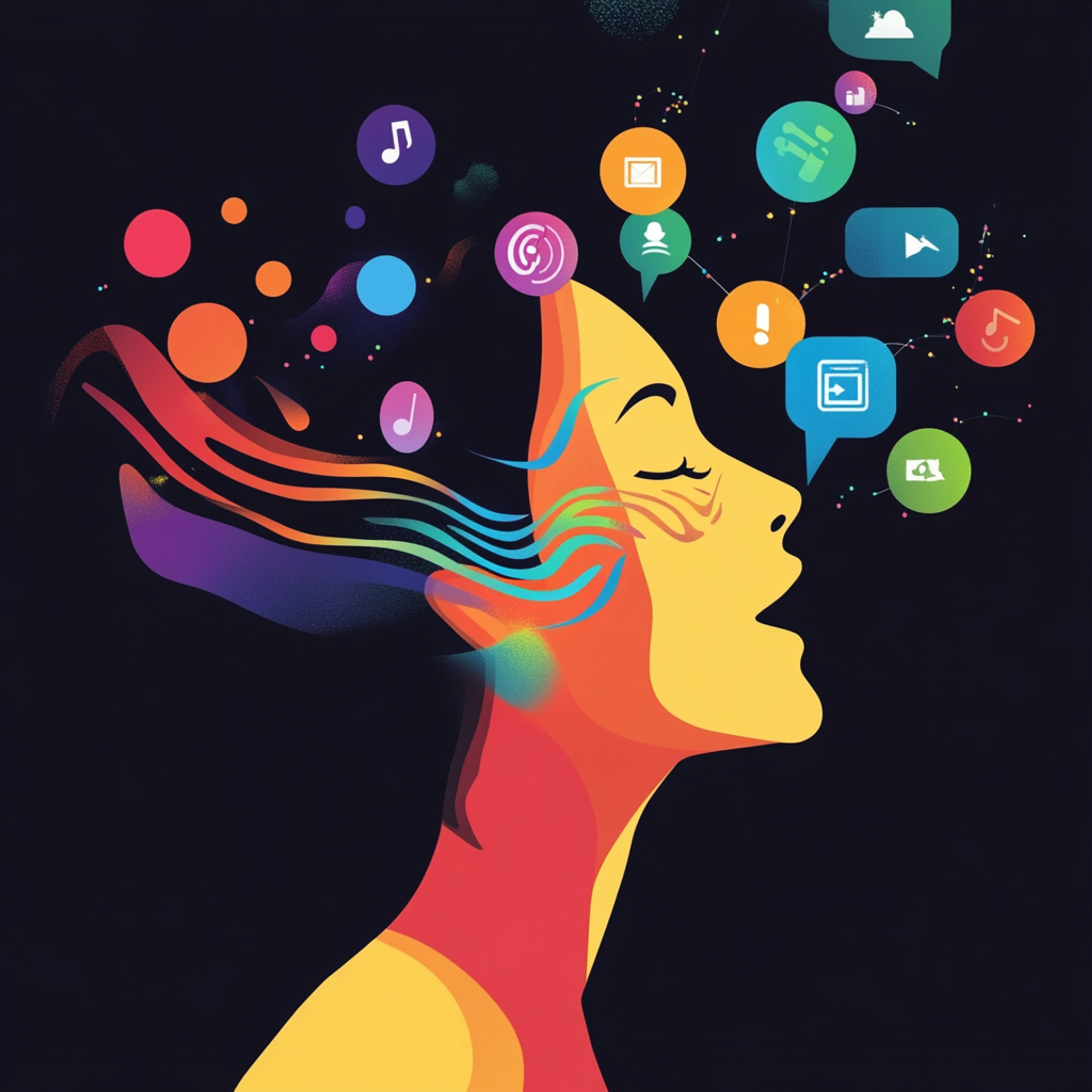 A person speaking to their smartphone with colorful voice wave patterns emanating from their mouth, surrounded by app icons responding to voice commands, modern minimalist style