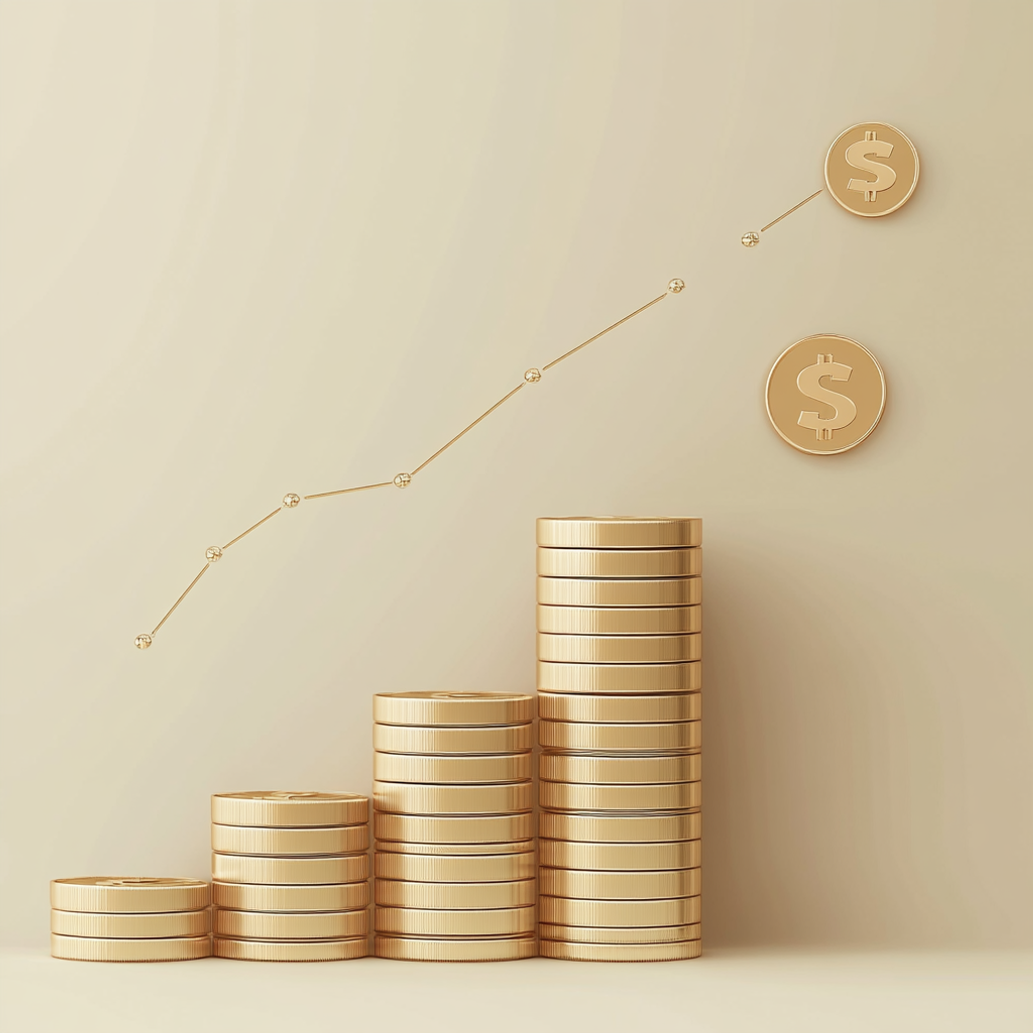 An ascending bar chart made of golden coins showing Tinder's revenue growth from 2015 to 2024, with key milestone markers, clean financial infographic style