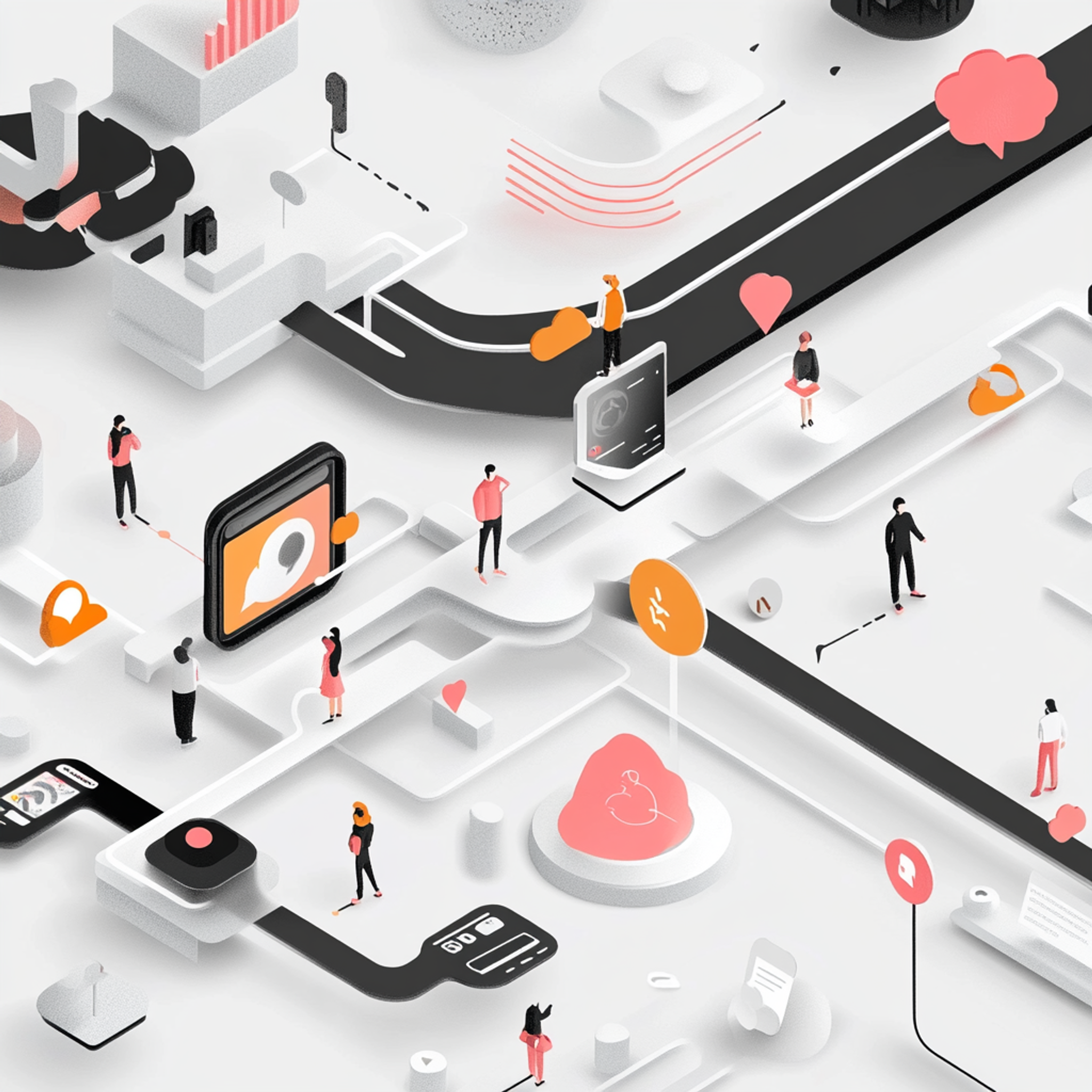 A user journey map showing seamless transitions between mobile app, website, social media, and physical store, all connected by flowing conversation threads and personalized data points