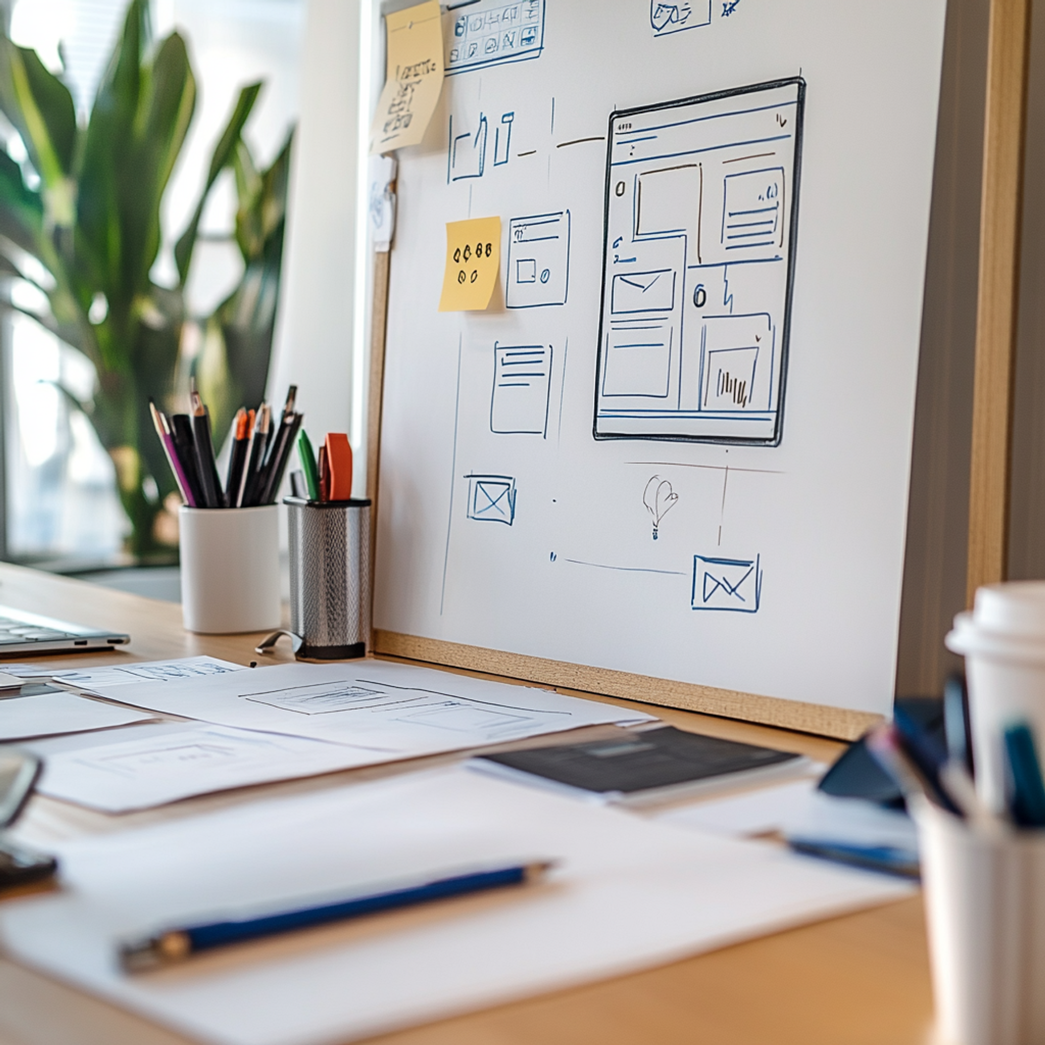 A collaborative workspace with developers working on mobile app prototypes, showing screens with social media interfaces, AR elements, and monetization features, modern tech startup environment
