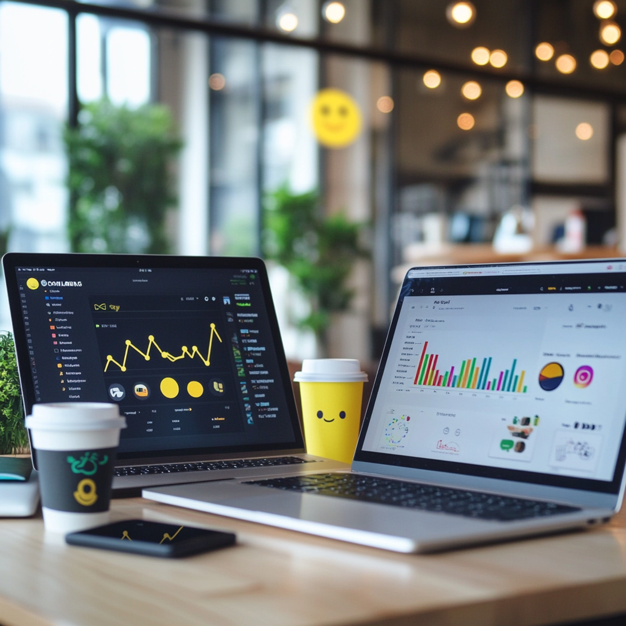 A creative workspace showing social media analytics charts, user engagement graphs, and Snapchat branding elements, with laptops and coffee cups, bright modern office atmosphere