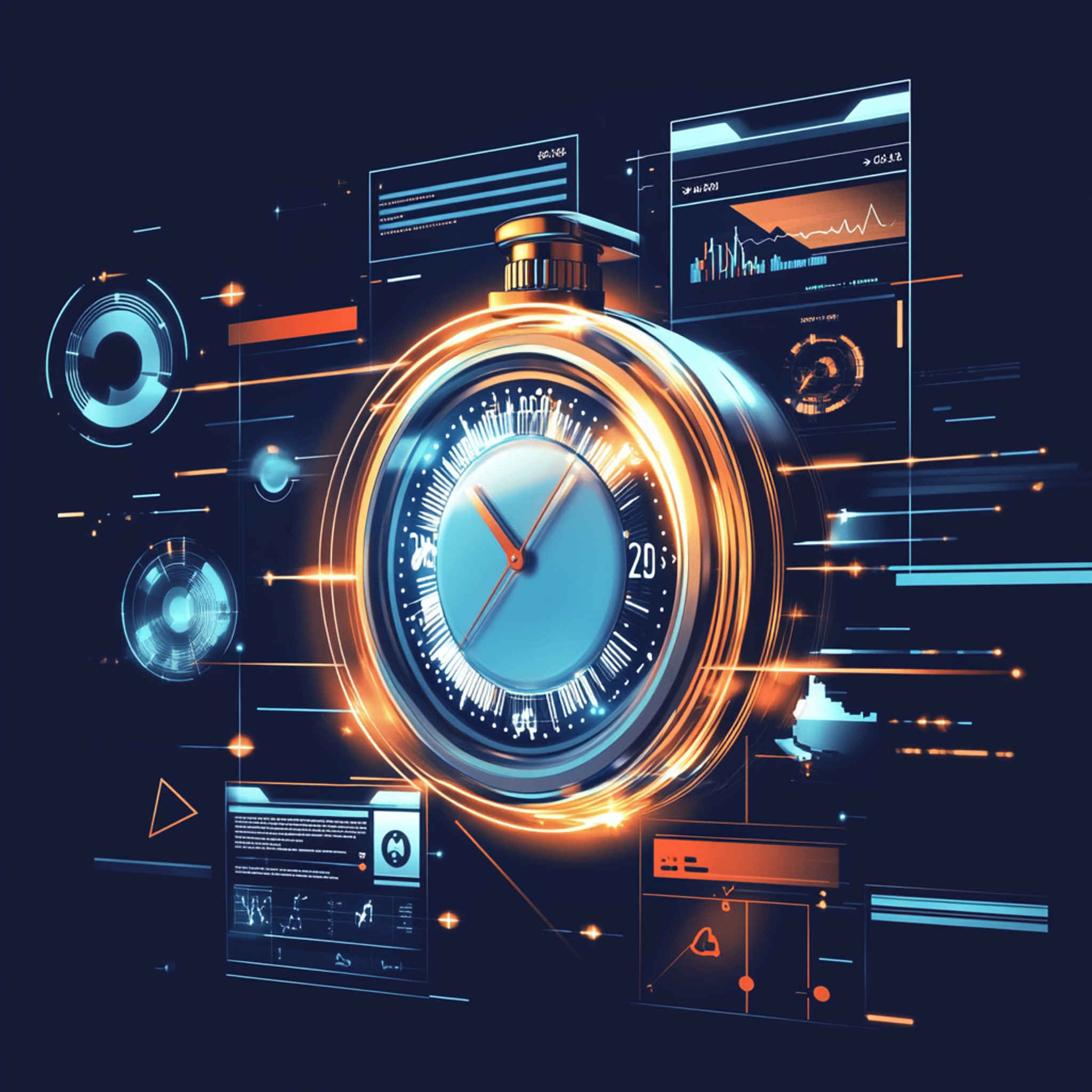 A stopwatch or timer surrounded by mobile app interface elements showing user interactions, with speed lines and engagement indicators radiating outward, dynamic and energetic composition