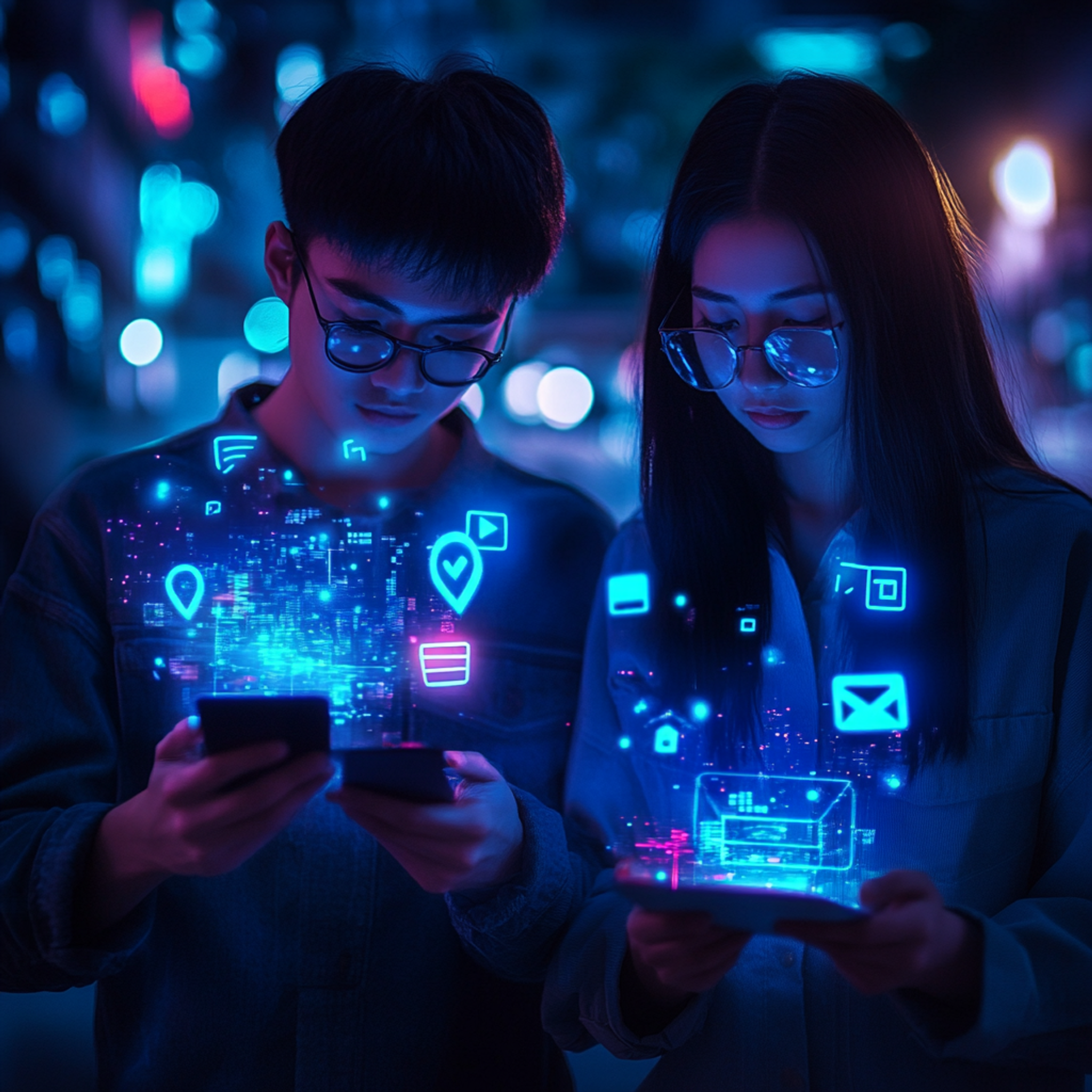 Two young people using smartphones with holographic AR elements and shopping icons floating between them, representing the future of social commerce and AR technology, futuristic tech aesthetic