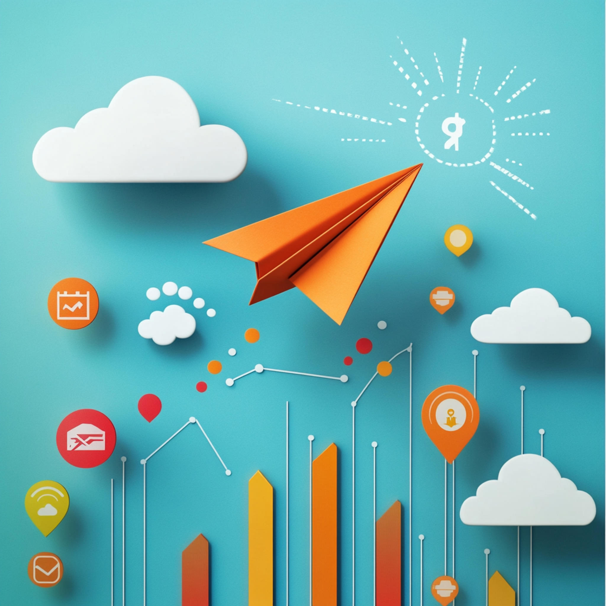A paper airplane launching upward through stylized paper clouds, with fintech app icons and growth charts trailing behind it, creative papercraft aesthetic with bright colors and optimistic energy