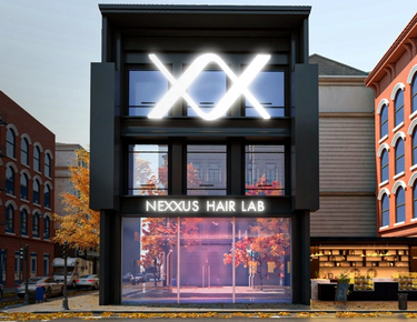 A digitally created street view of a city’s downtown business area is shown. A multi-story building directly in front has two large X’s at the top. Above the front doors, the sign reads: Nexxus Hair Lab.