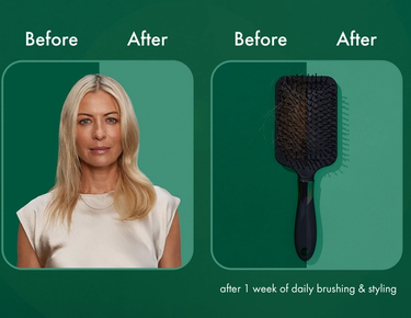 “Up to 97% less breakage* vs. non-conditioning shampoo” headline with a before and after close-up of a hair brush. 