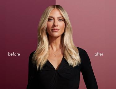 A blonde model's hair is shown before, with brassier tones, and after, with cooler, brighter tones. 