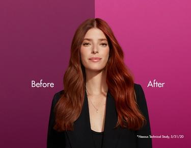 A before and after image is shown of a woman’s hair. Her before image shows dull colored hair, while her after image shows shiny, vibrant colored hair.