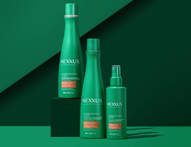 Nexxus Unbreakable Care™ collection, featuring the anti-breakage shampoo, thickening conditioner and root lift thickening spray. 