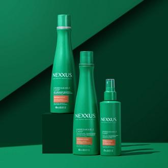 Nexxus Unbreakable Care™ collection featuring the product texture of the Nexxus Unbreakable Care™ Shampoo, Conditioner and Thickening Spray  