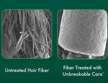 Close-up of untreated hair fiber on the left, close-up of treated hair fiber on the right.
