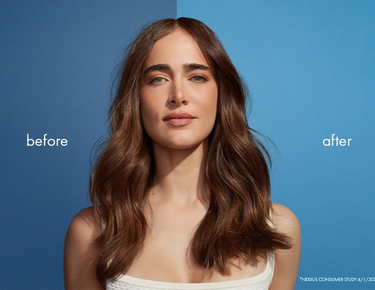 A model is shown against a blue background. The left side of her hair is dull and frizzy and is labeled "BEFORE". The right side of her hair is smooth and shiny and is labeled "AFTER". Footnote reads: Nexxus consumer study, 4/1/2021.