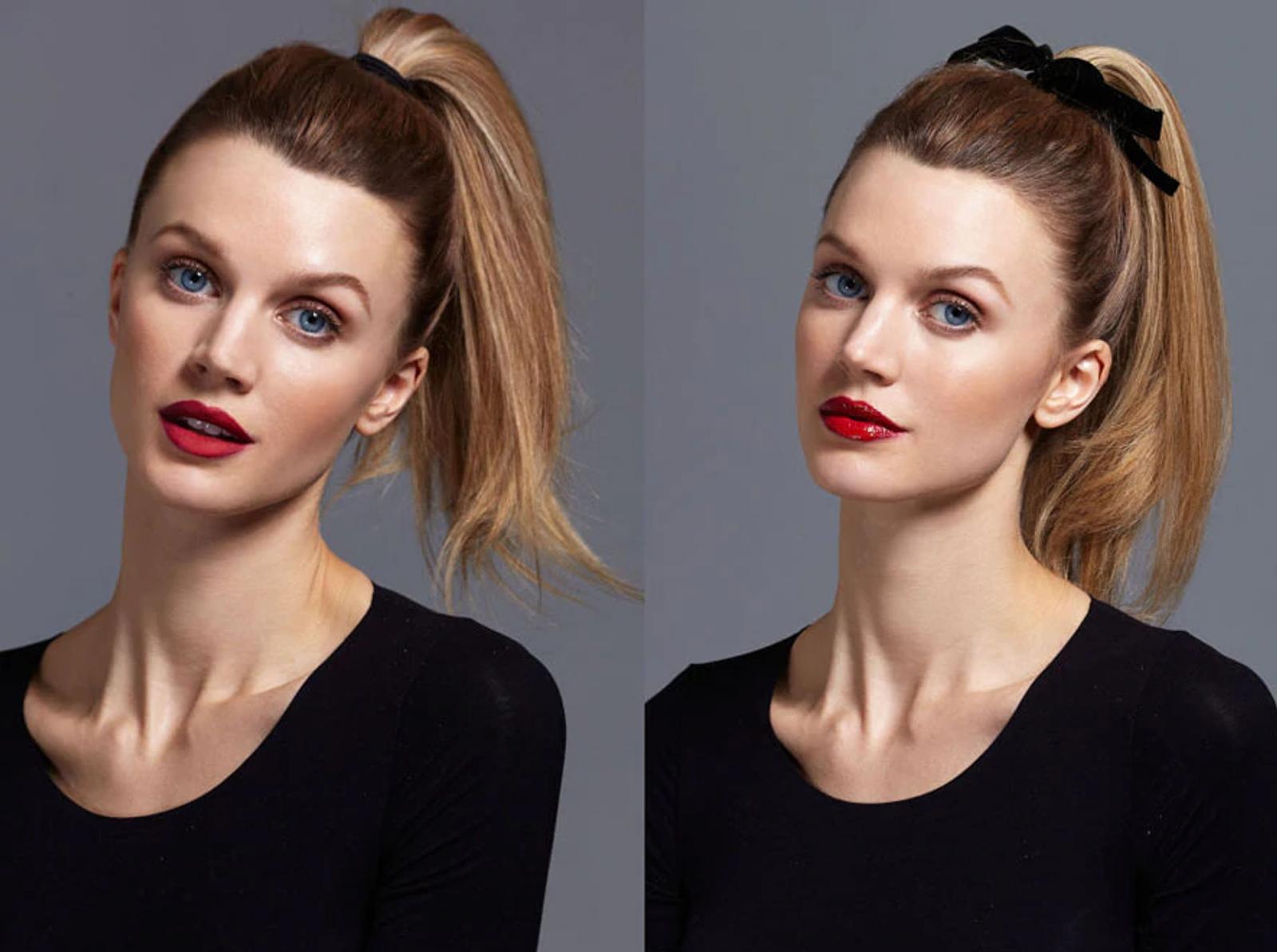 Image of Model with Ponytail and Image of Model with Ponytail and Black Ribbon