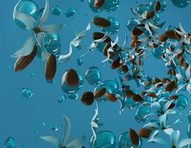 Almond protein and jasmine flower ingredients are shown among droplets of water against a blue background.