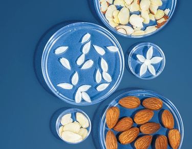 ProteinFusion™ blend ingredients, including almond protein and Jasmine Flower, is shown in glass dishes.