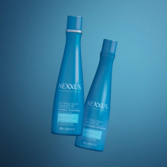 Ultralight Smooth Weightless Protection Shampoo and Ultralight Smooth Weightless Protection Conditioner are shown against a blue background.