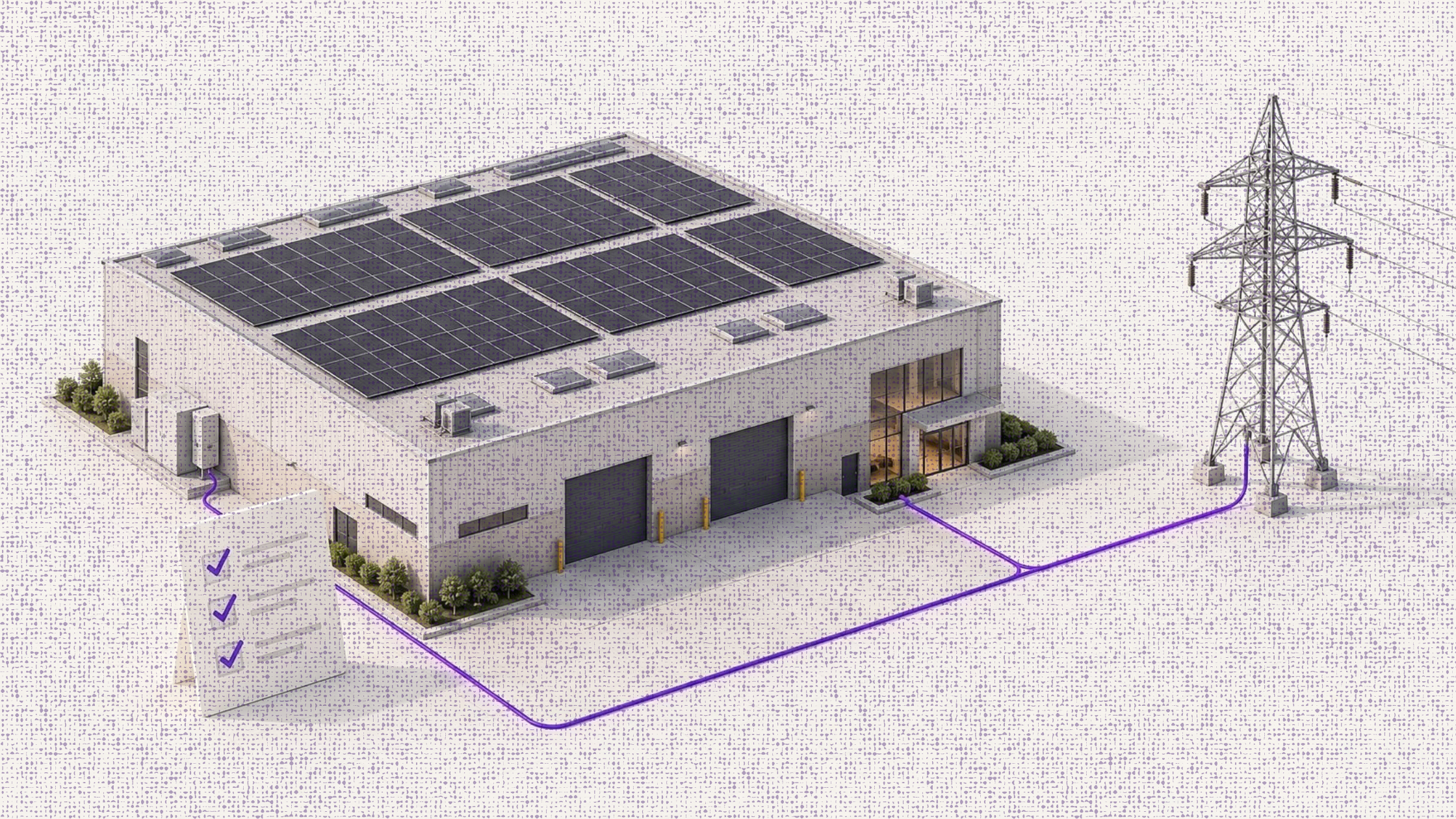 Commercial solar building connected to the electricity grid beside an export checklist