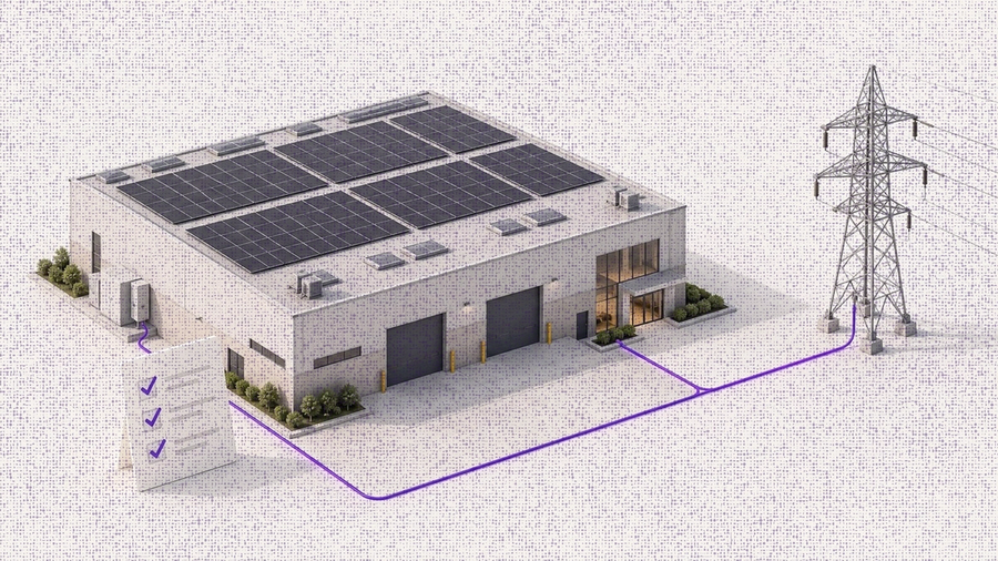 Commercial solar building connected to the electricity grid beside an export checklist