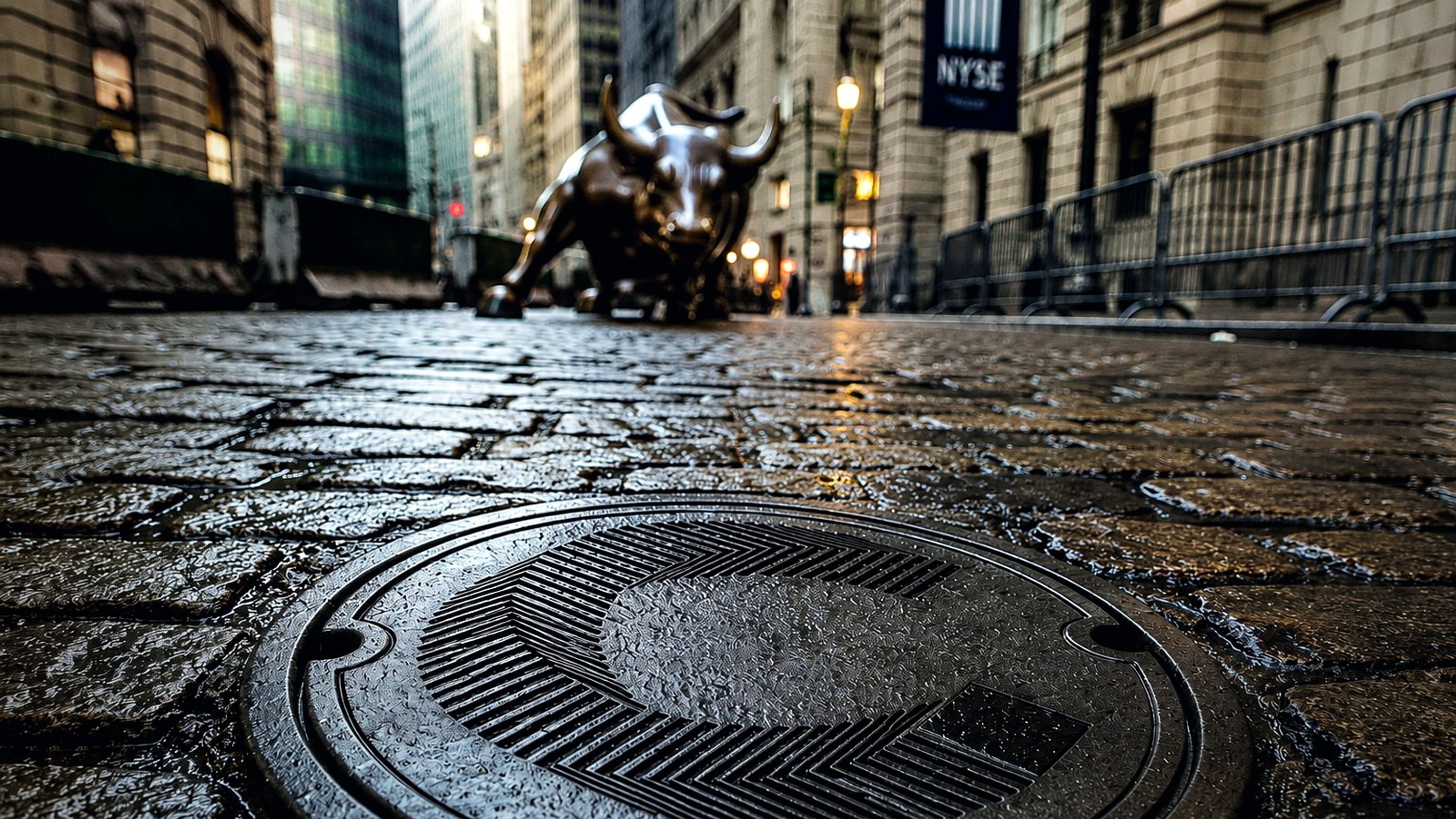 Wall Street bull statue behind a Canton-branded manhole cover on a wet cobbled street in New York