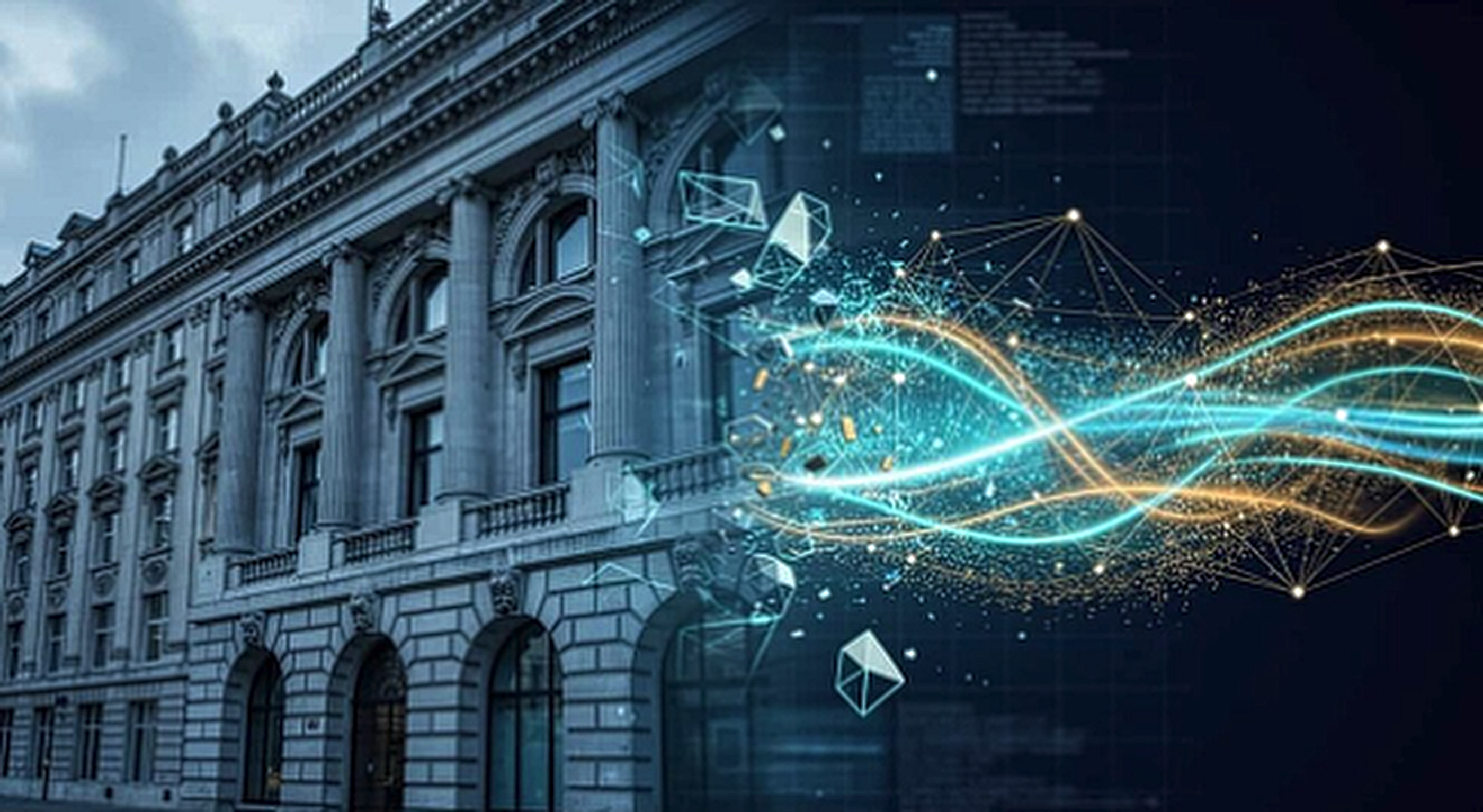 A neoclassical financial institution building with streams of light and network nodes flowing out from its facade.