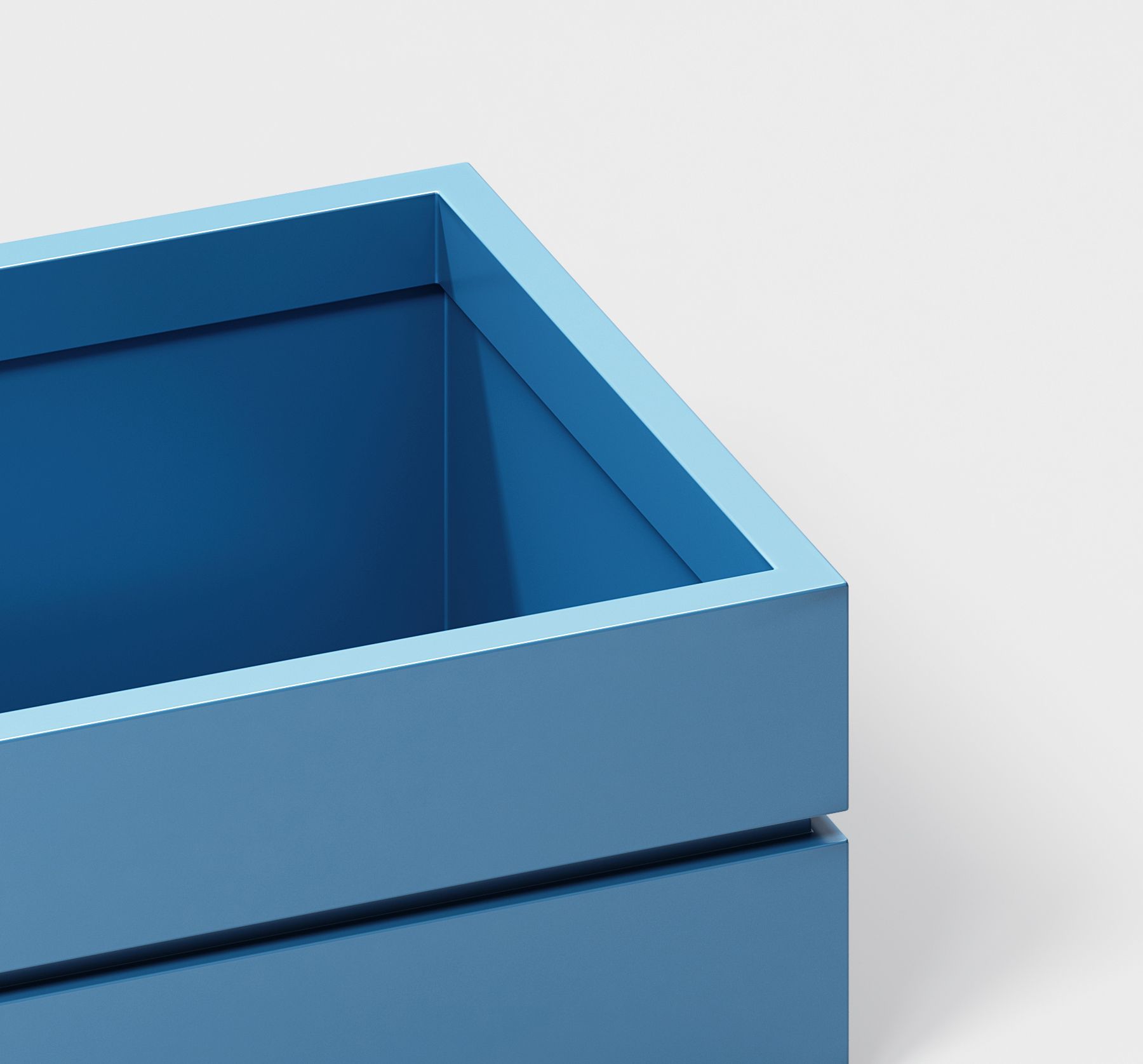 Green Theory commercial outdoor planters can be customized and custom coated like this blue outdoor metal planter.