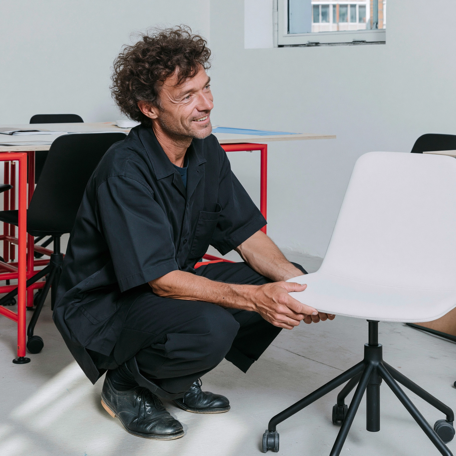 A team planning an office furniture project in a bright workspace.