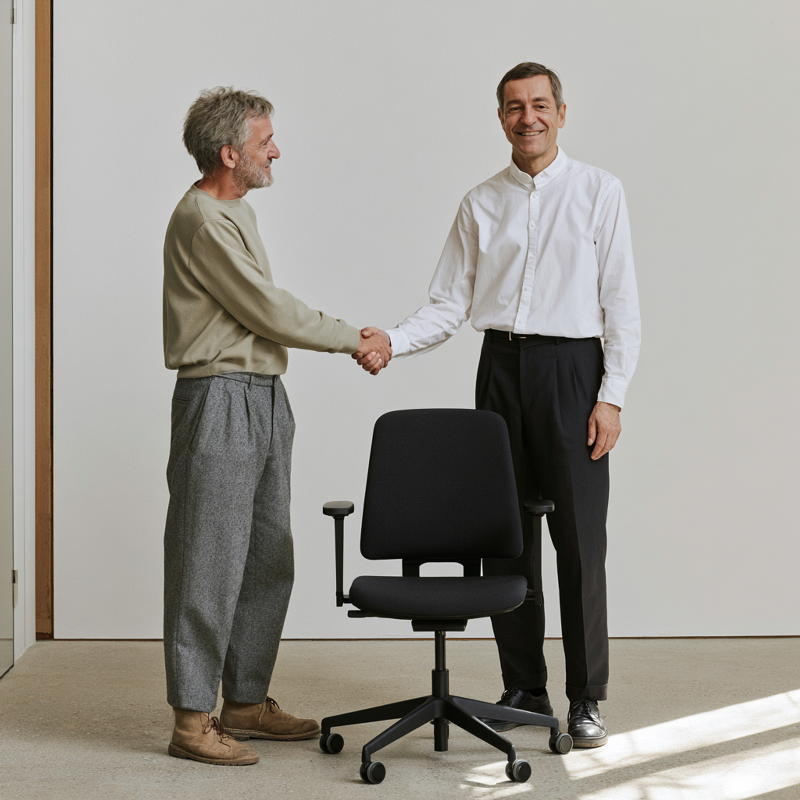 Surplus office furniture arranged for resale and redistribution.