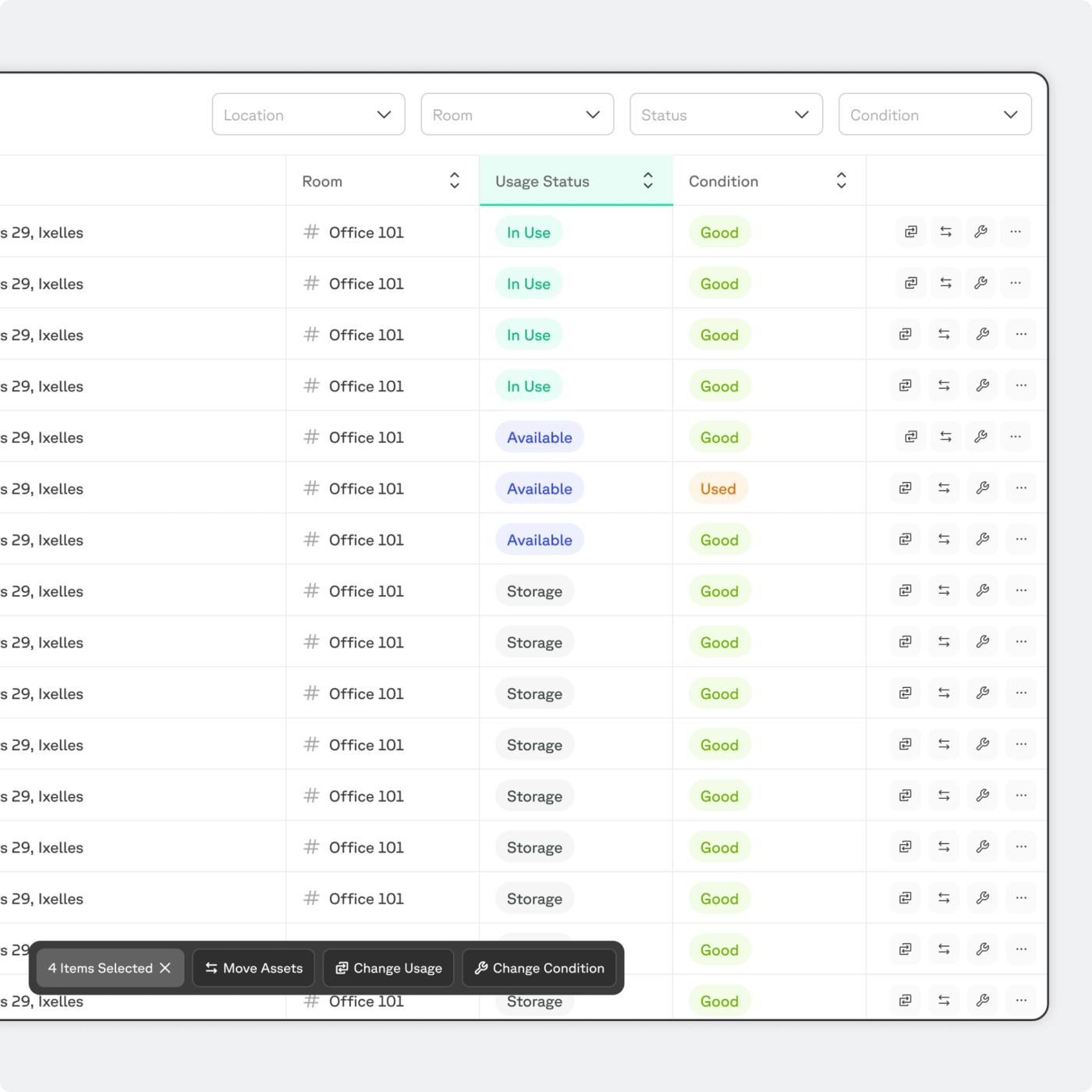 Furniture asset data being reviewed across locations and rooms.