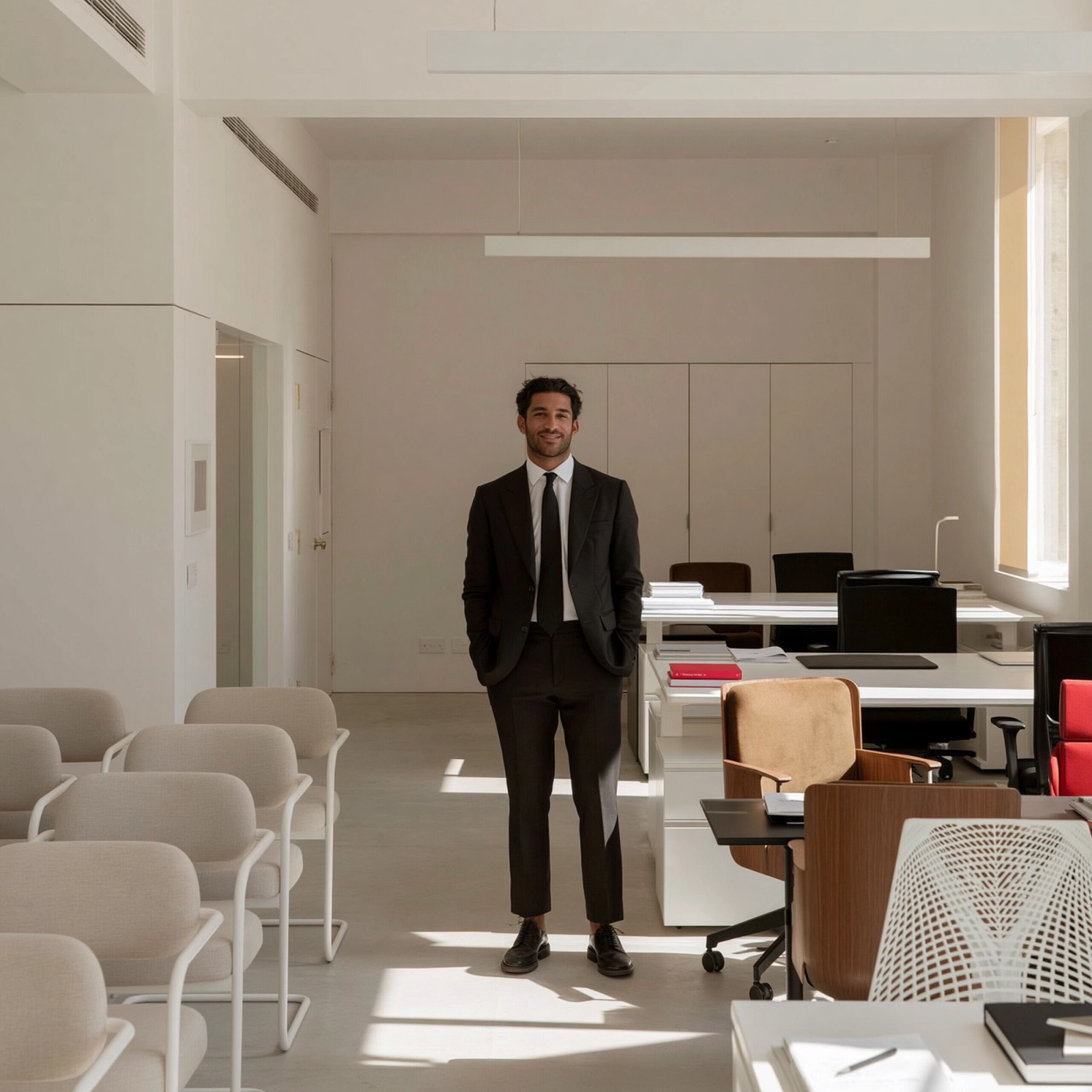 A real estate team reviewing office furniture during a portfolio change.