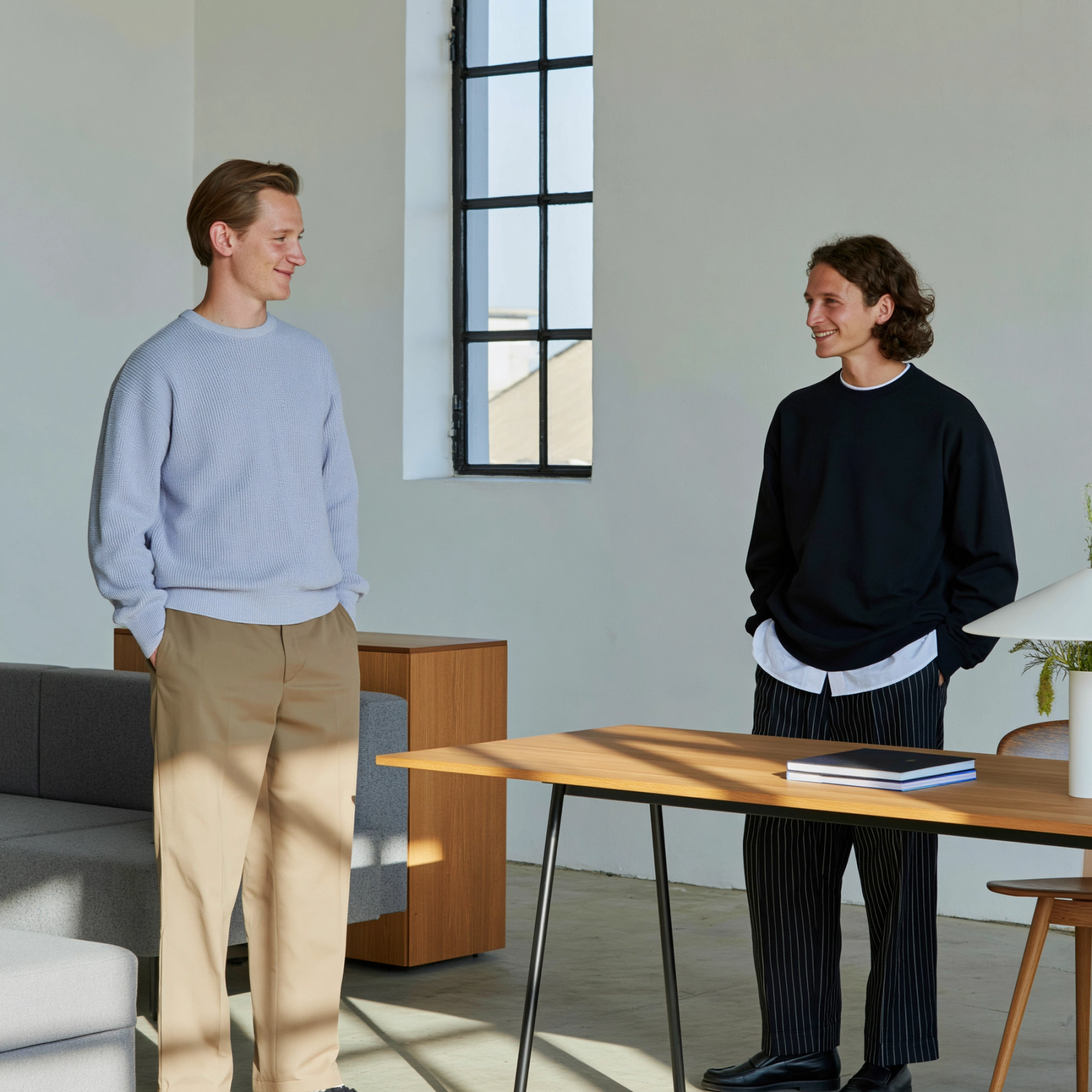 Two people standing among circular furniture in their office