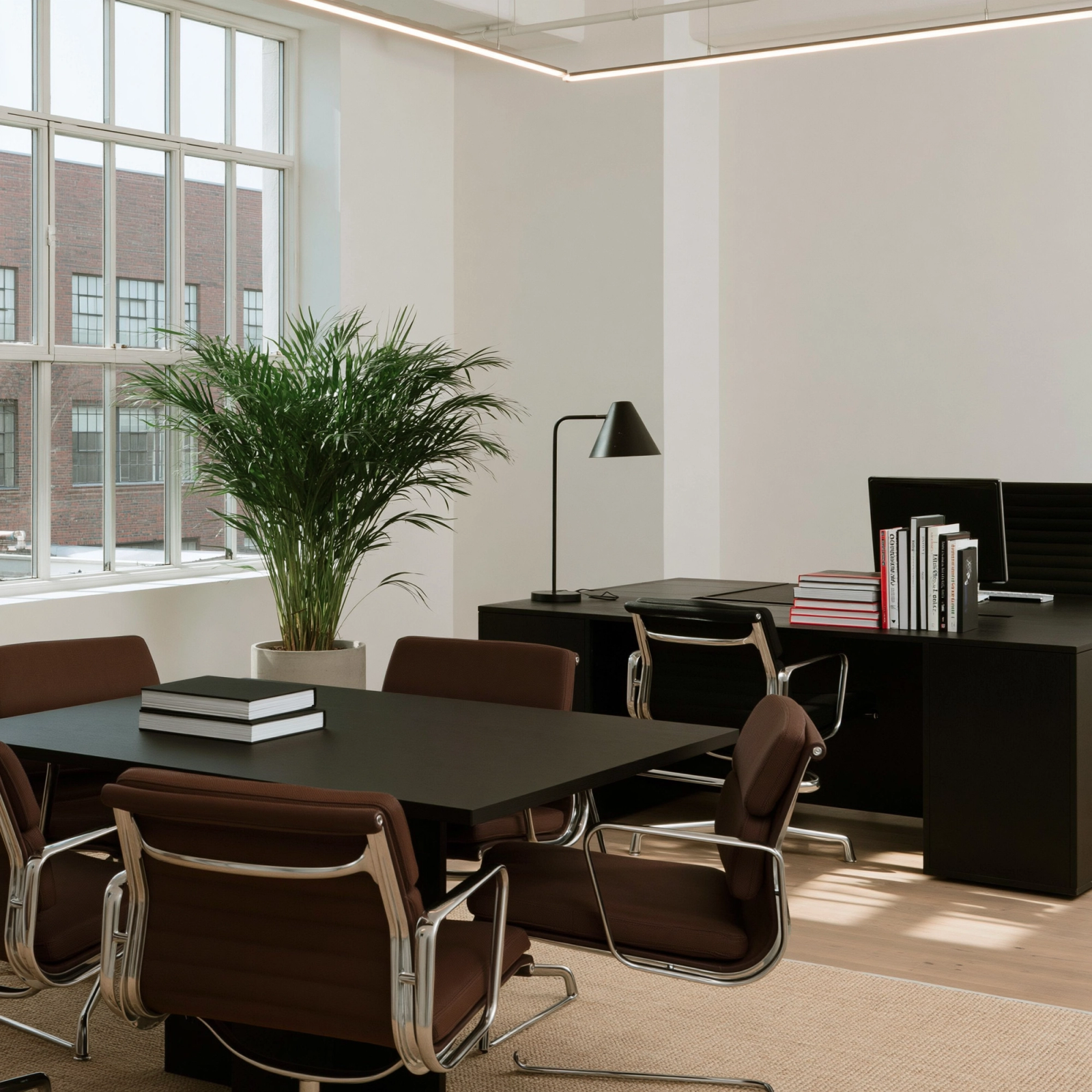 Circular office furniture arranged in a bright workplace.