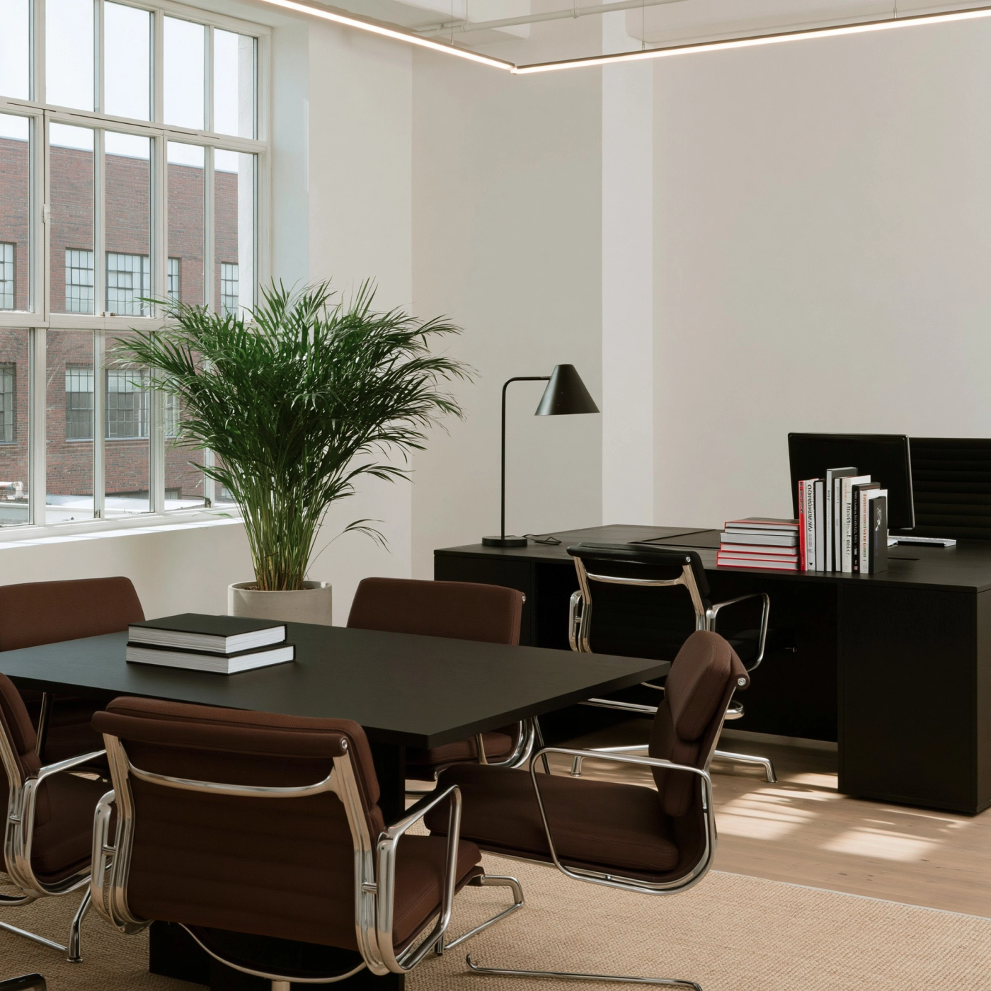 Circular office furniture arranged in a small business workspace.