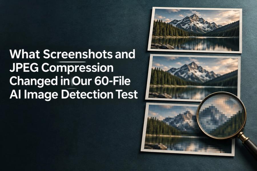 Article cover featuring the title: What Screenshots and JPEG Compression Changed in Our 60-File AI Image Detection Test