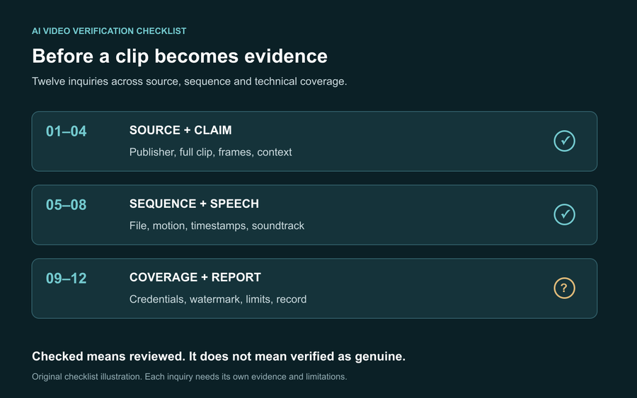 Three illustrated video verification panels labeled source, sequence and speech with checked and unresolved items