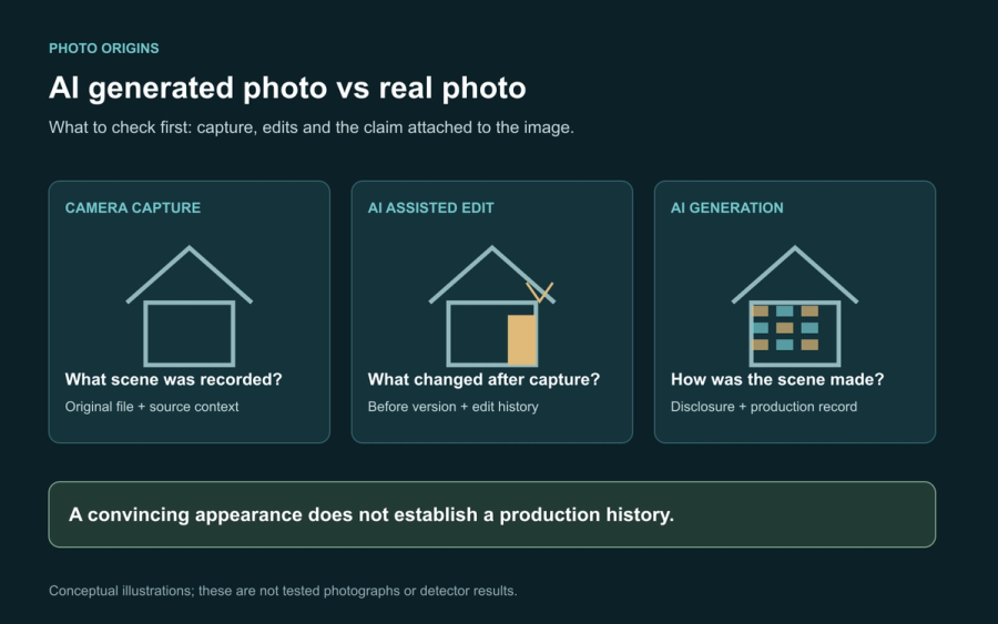 Three illustrated file cards distinguishing camera capture, AI assisted editing and full AI generation