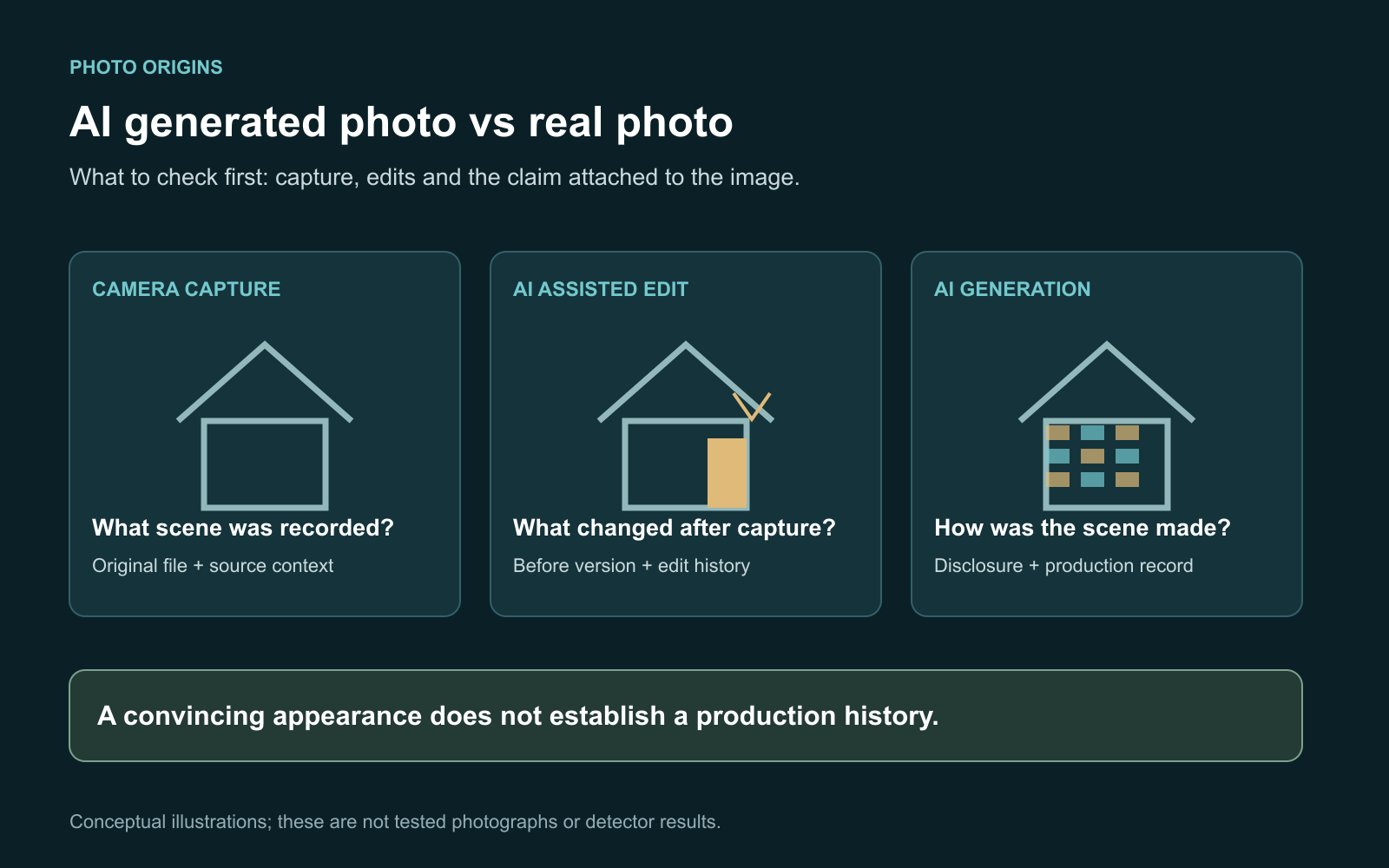 Three illustrated file cards distinguishing camera capture, AI assisted editing and full AI generation