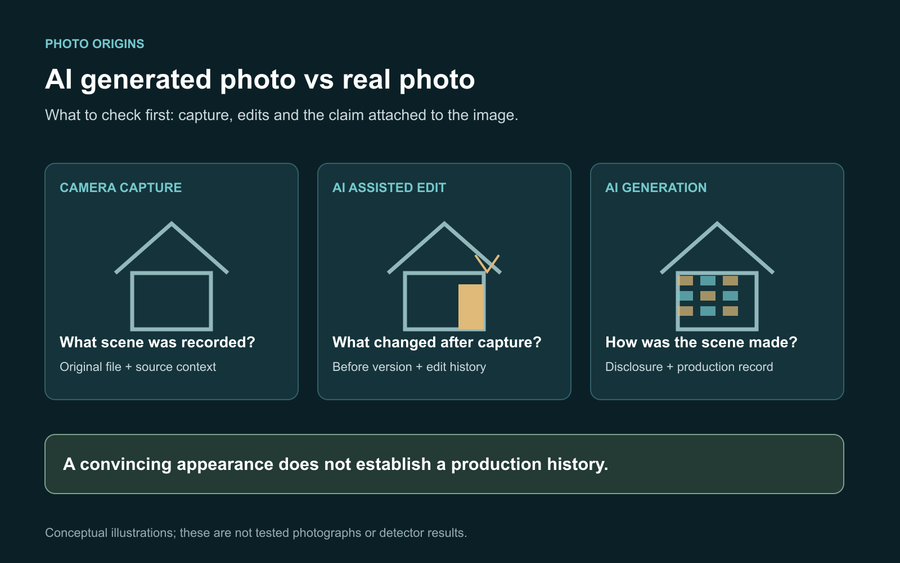Three illustrated file cards distinguishing camera capture, AI assisted editing and full AI generation