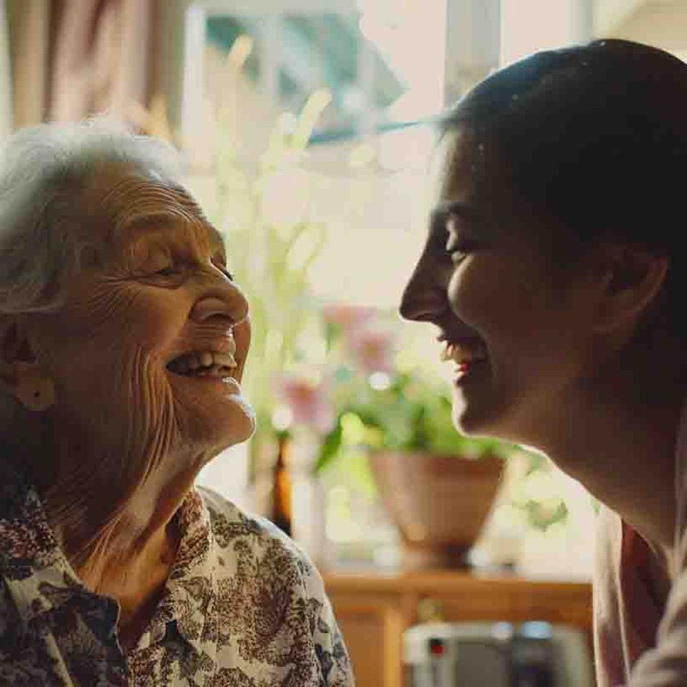 Two people smiling at each other