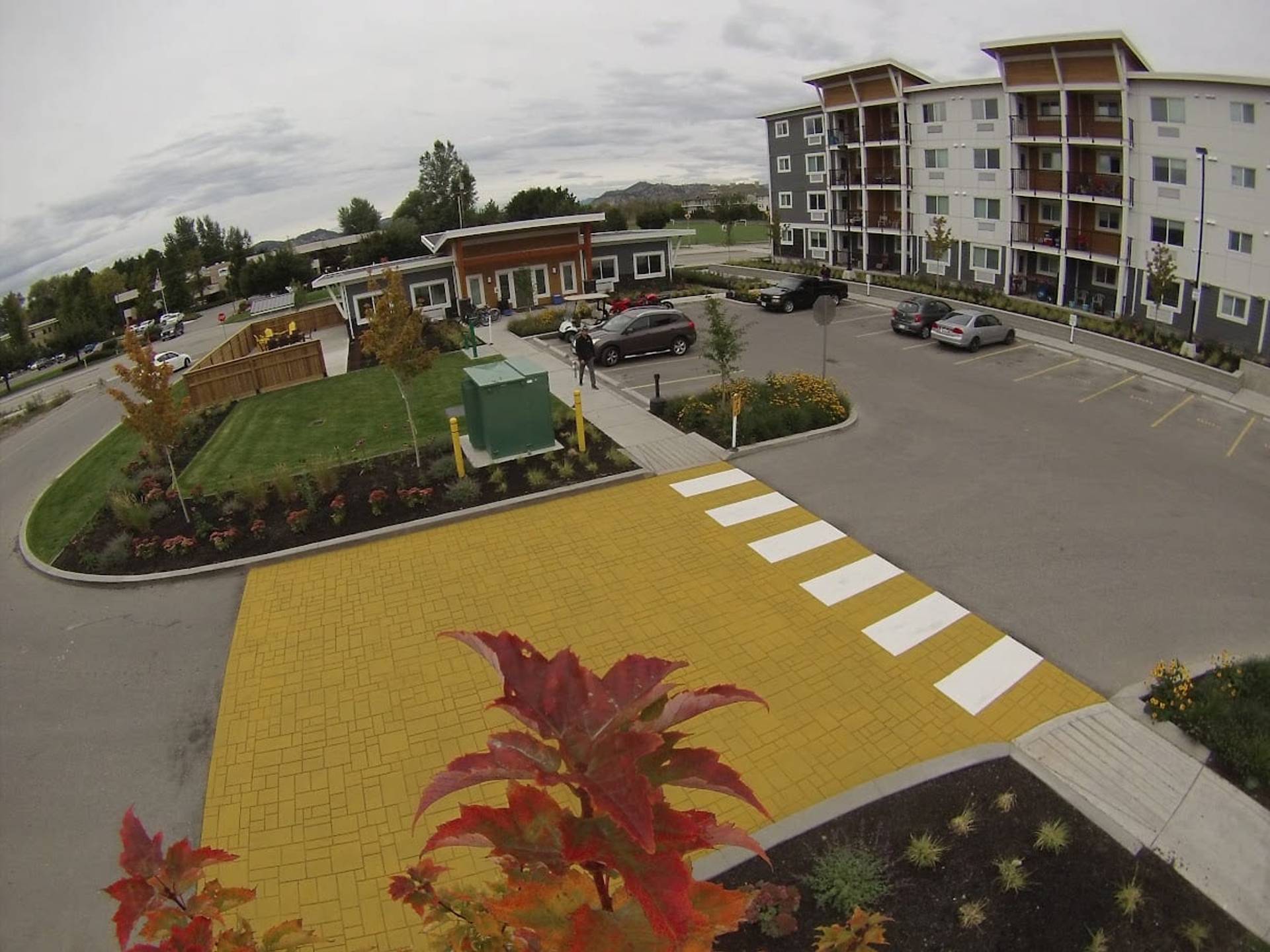 Parking lot line marking specified for stall layout and accessible parking at an office campus lot