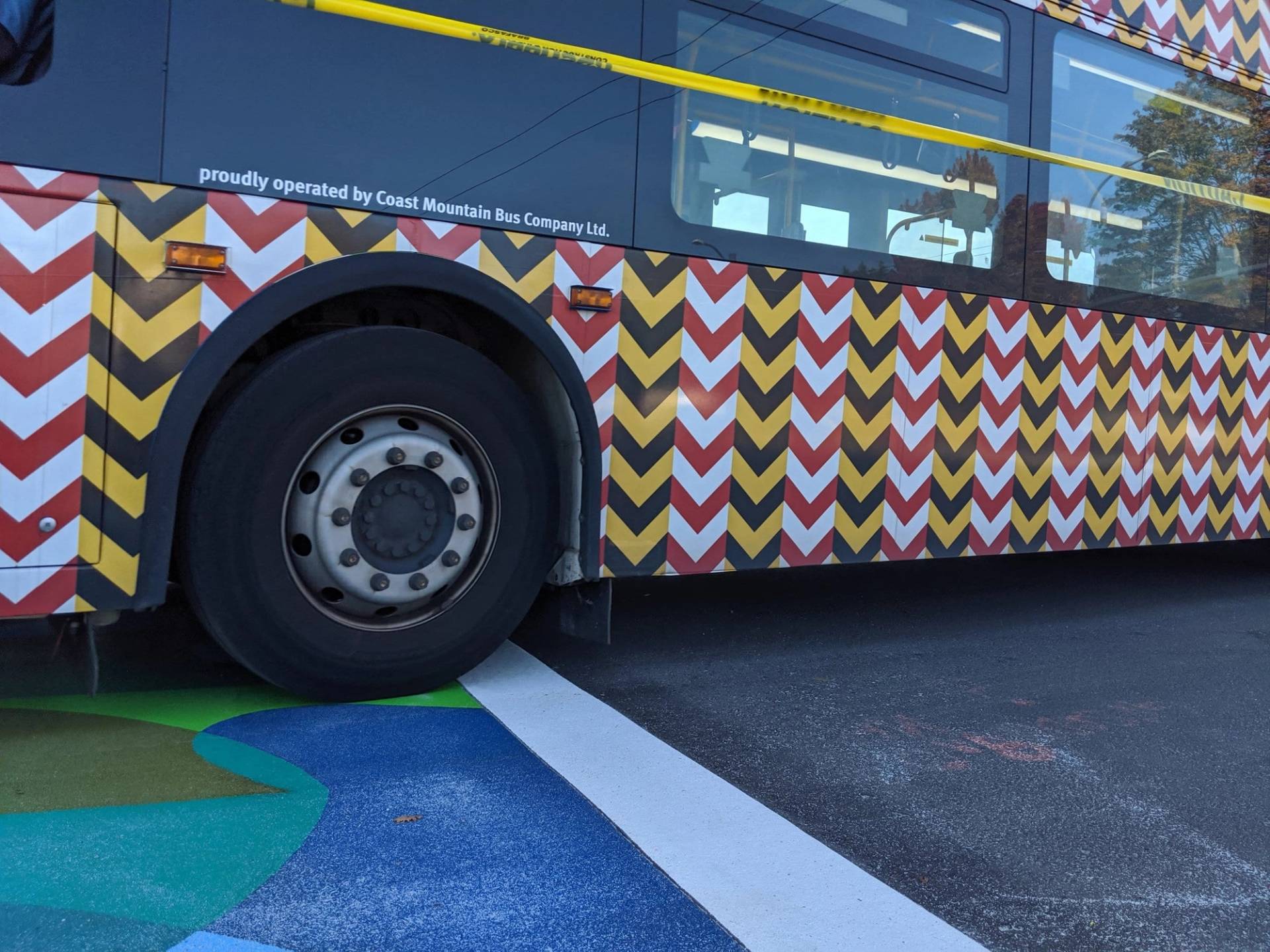 TrafficPatterns thermoplastic pavement marking installation in UBC, Vancouver, BC: decorative, durable pattern paving at a crosswalk
