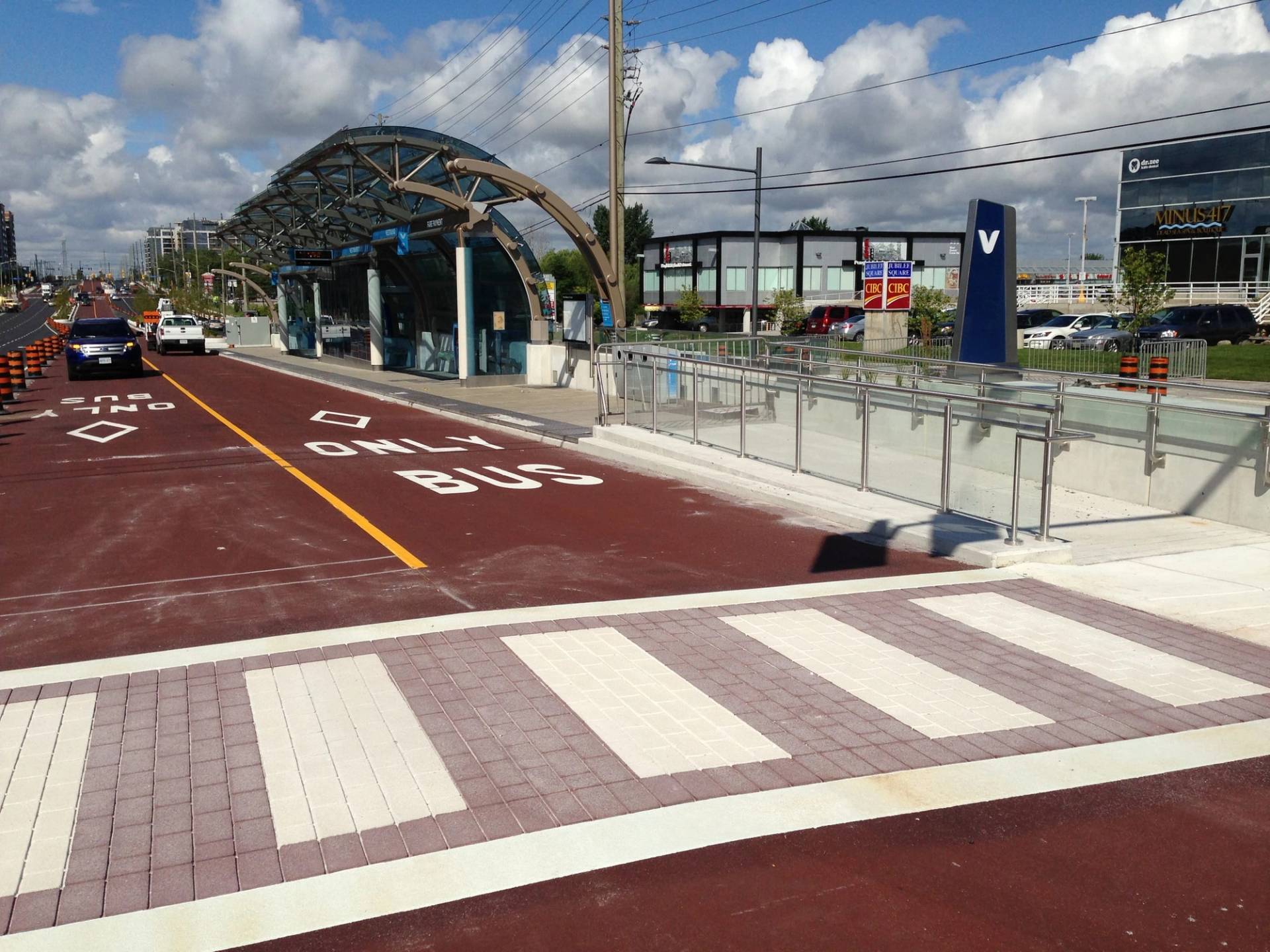 TrafficPatternsXD preformed thermoplastic in 150 mil aggregate-reinforced preformed thermoplastic at a transit station zone, Canada